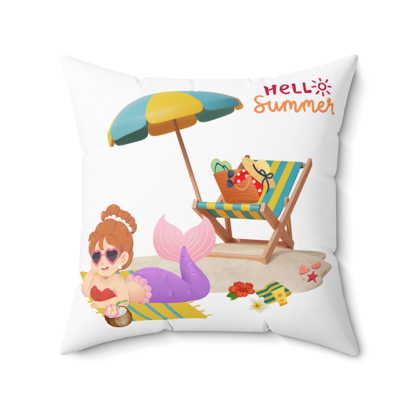 Mermaid lounging on a beach towel Spun Polyester Square Pillow
