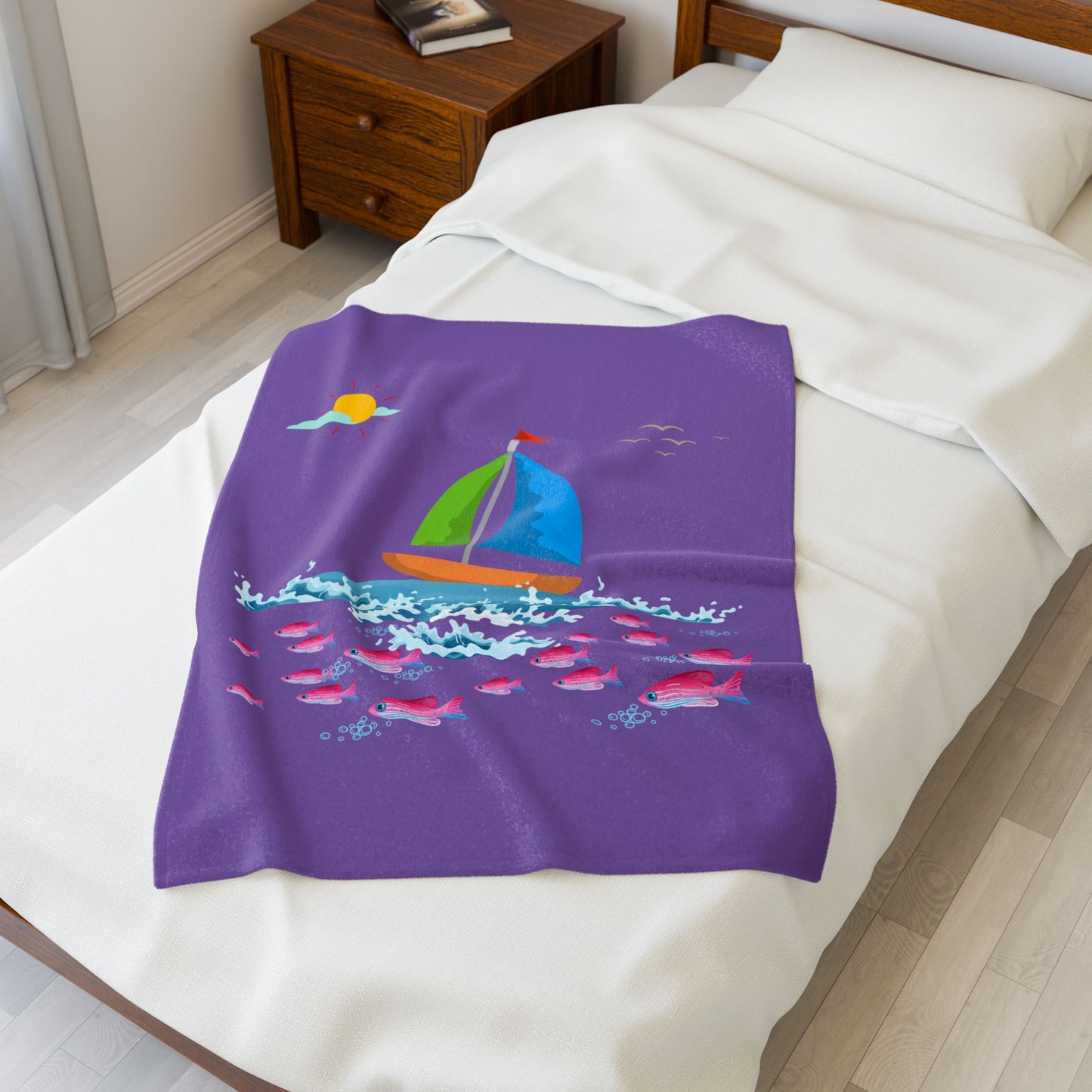 Sailboat and Red fish Velveteen Plush Blanket