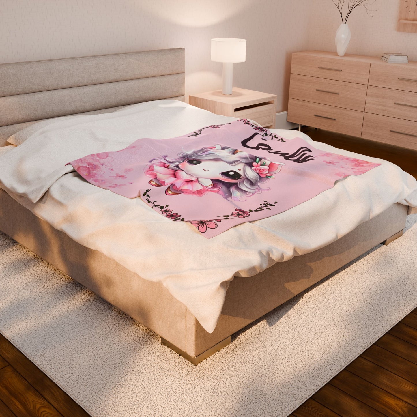 Customized Unicorn Velveteen Plush Blanket, Kid's Gift, Nursery Decor, Cozy Throw, Personalized Blanket, Birthday Present