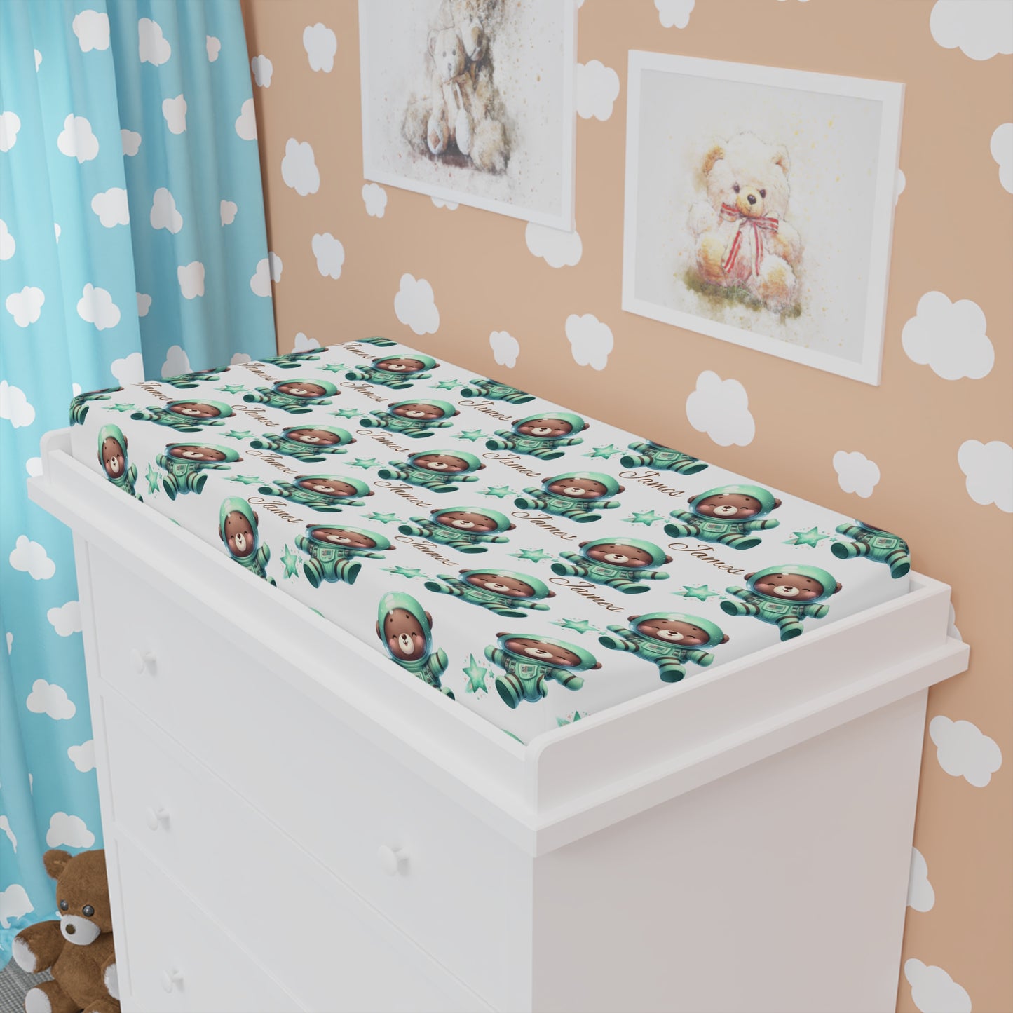 Floral Baby Bear Changing Pad Cover — Soft Fitted Nursery Protector with Green Botanicals