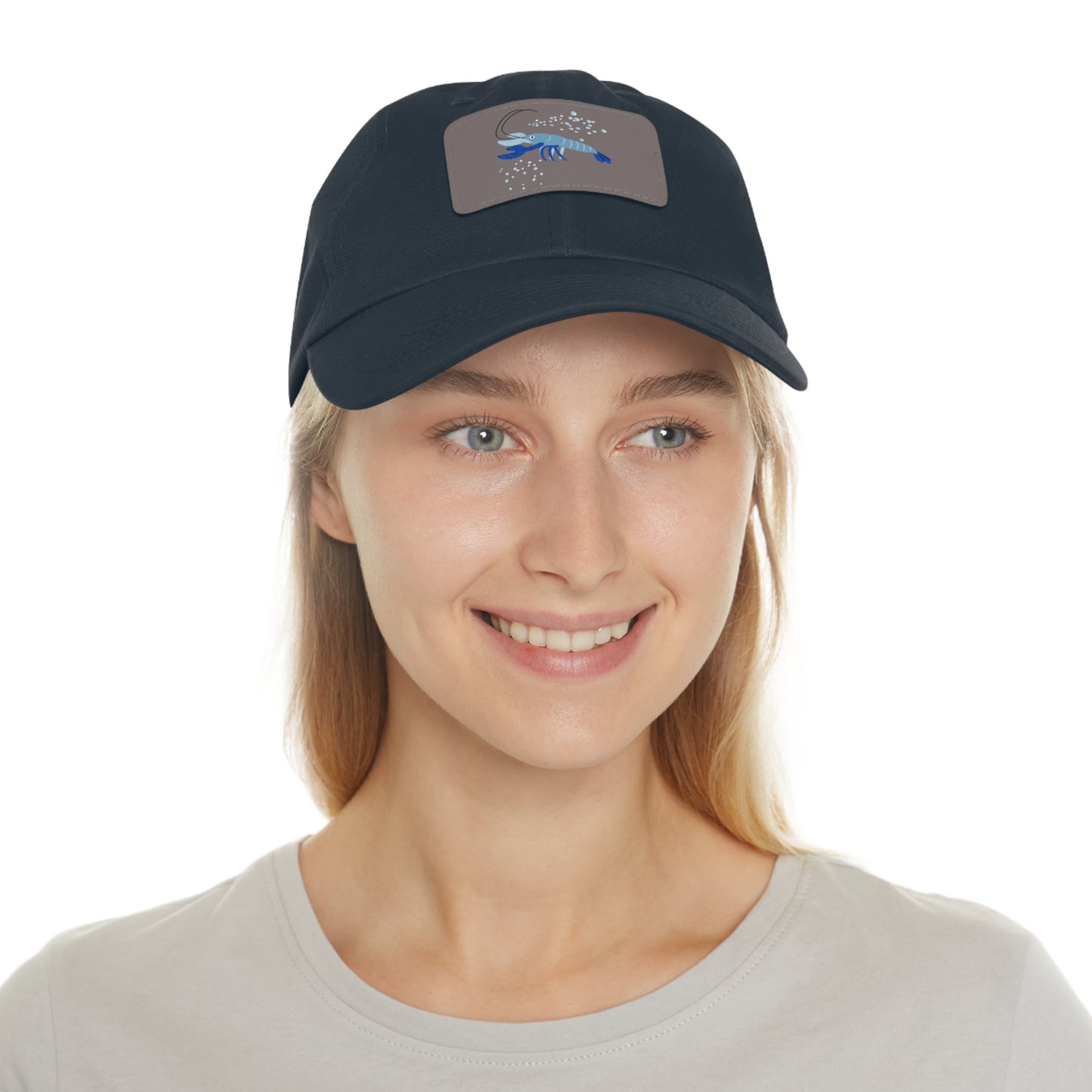 Blue shrimp with dark blue claws and bubbles Dad Hat with Leather Patch (Rectangle)