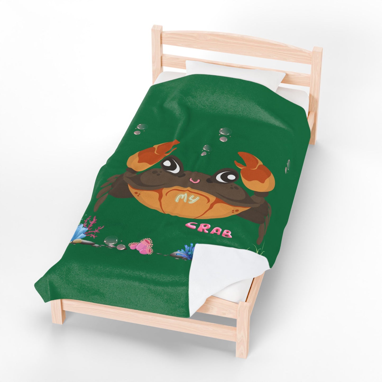 Crab with subtle bubbles and underwater flora Velveteen Plush Blanket
