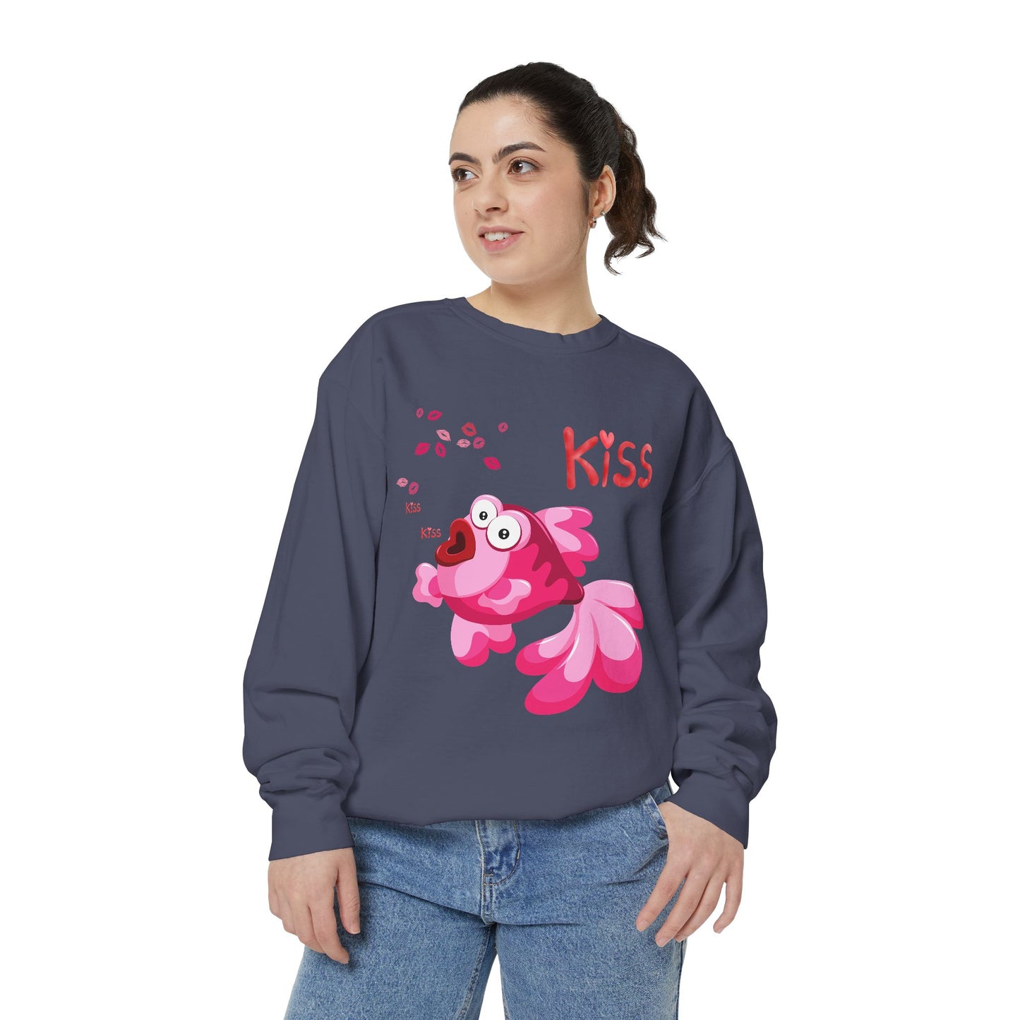 Pink fish with open mouth and kiss Unisex Garment-Dyed Sweatshirt