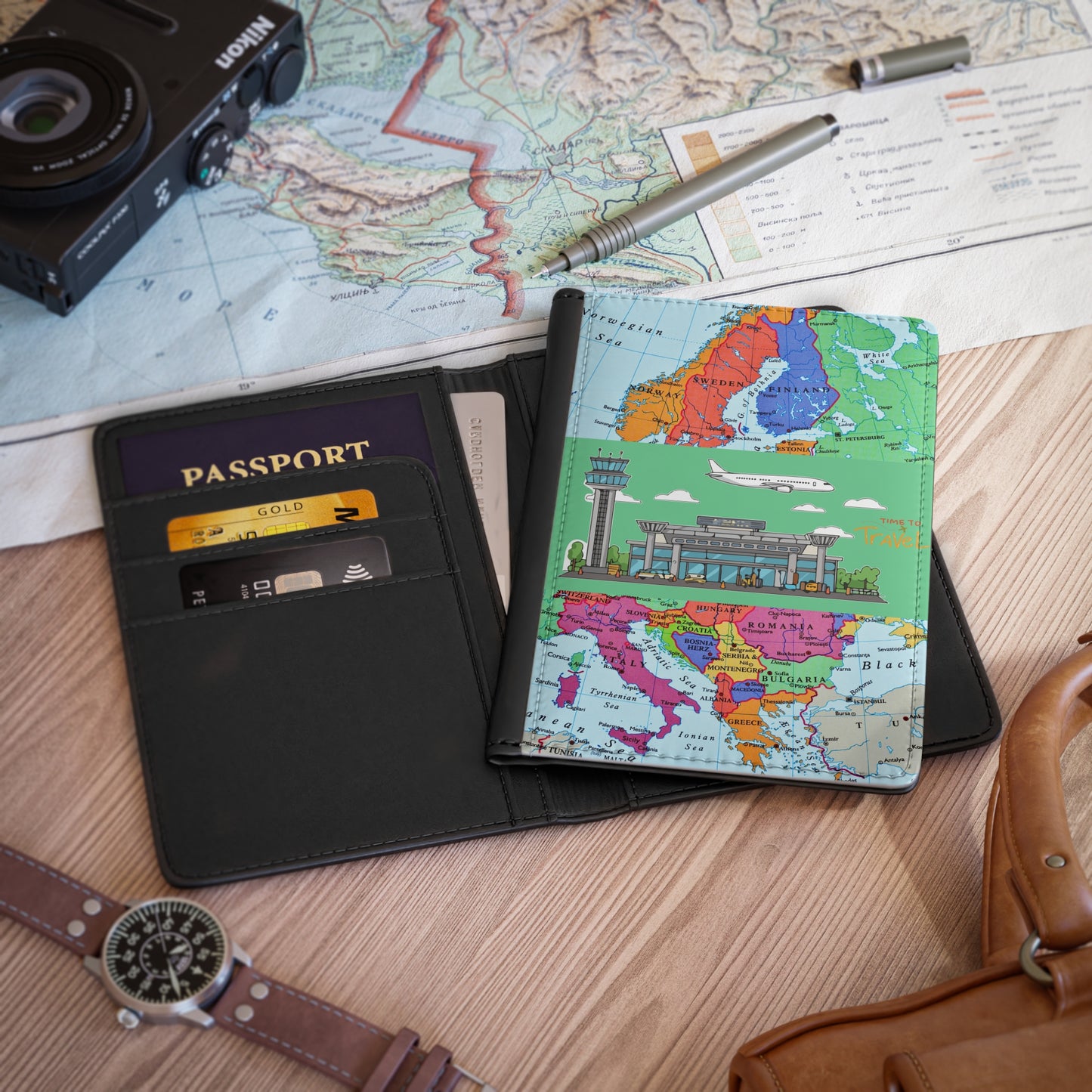 Europe Map Passport Cover with Airport Illustration — Travel Passport Holder