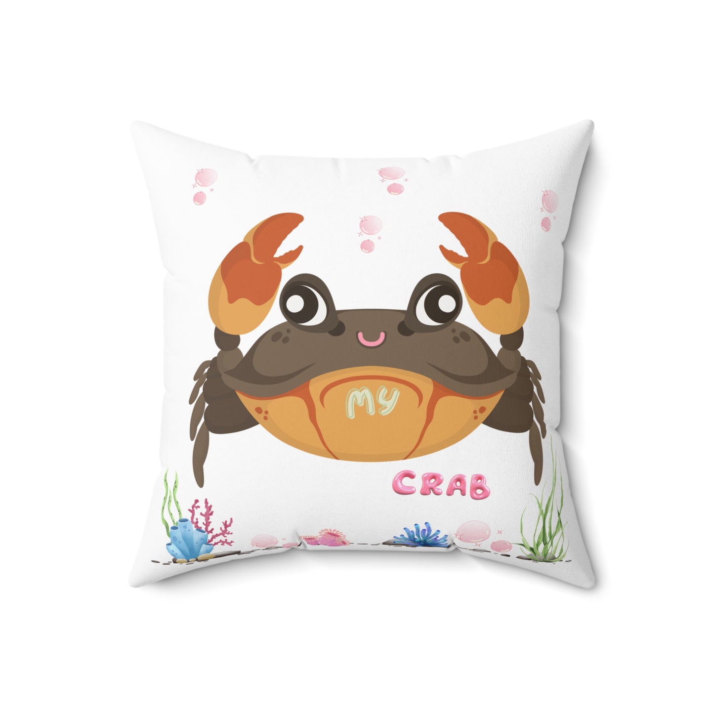 Crab with subtle bubbles and underwater flora Spun Polyester Square Pillow