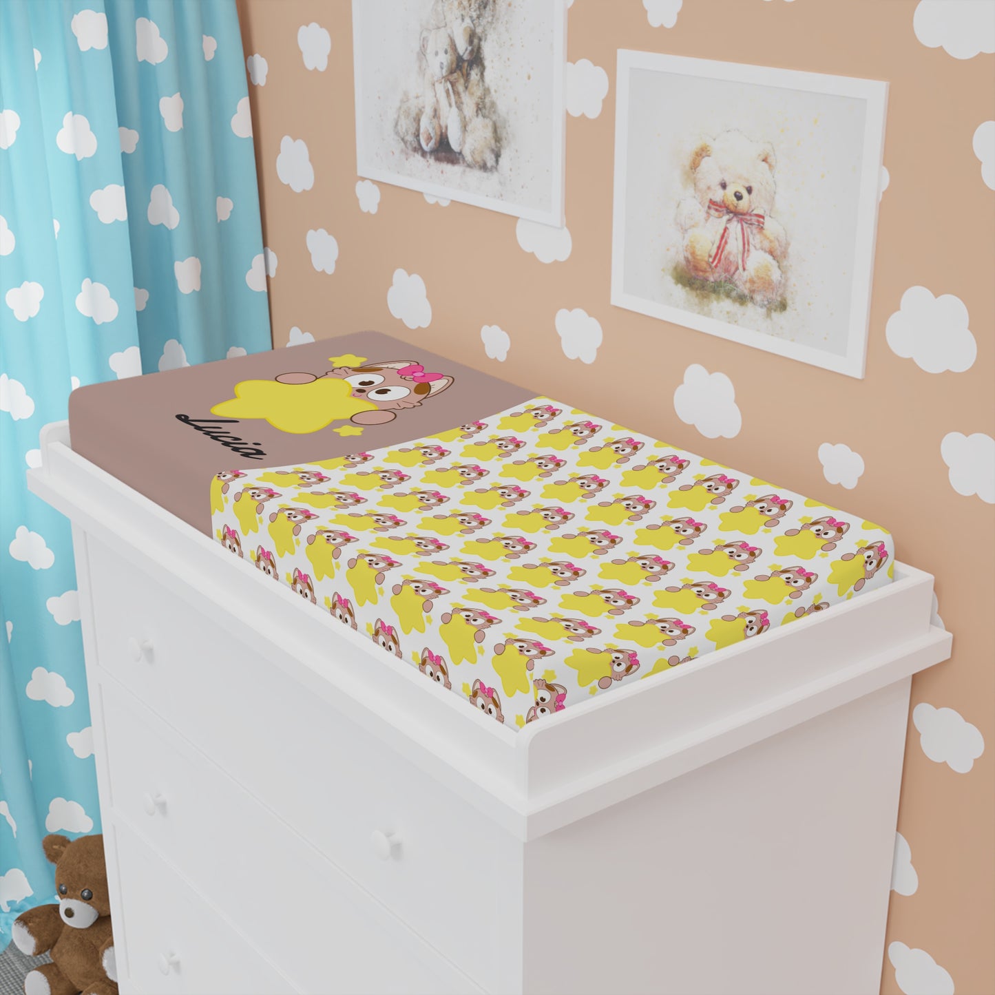 Changing Pad Cover — Cute Yellow Star Bear Pattern with Personalized Name