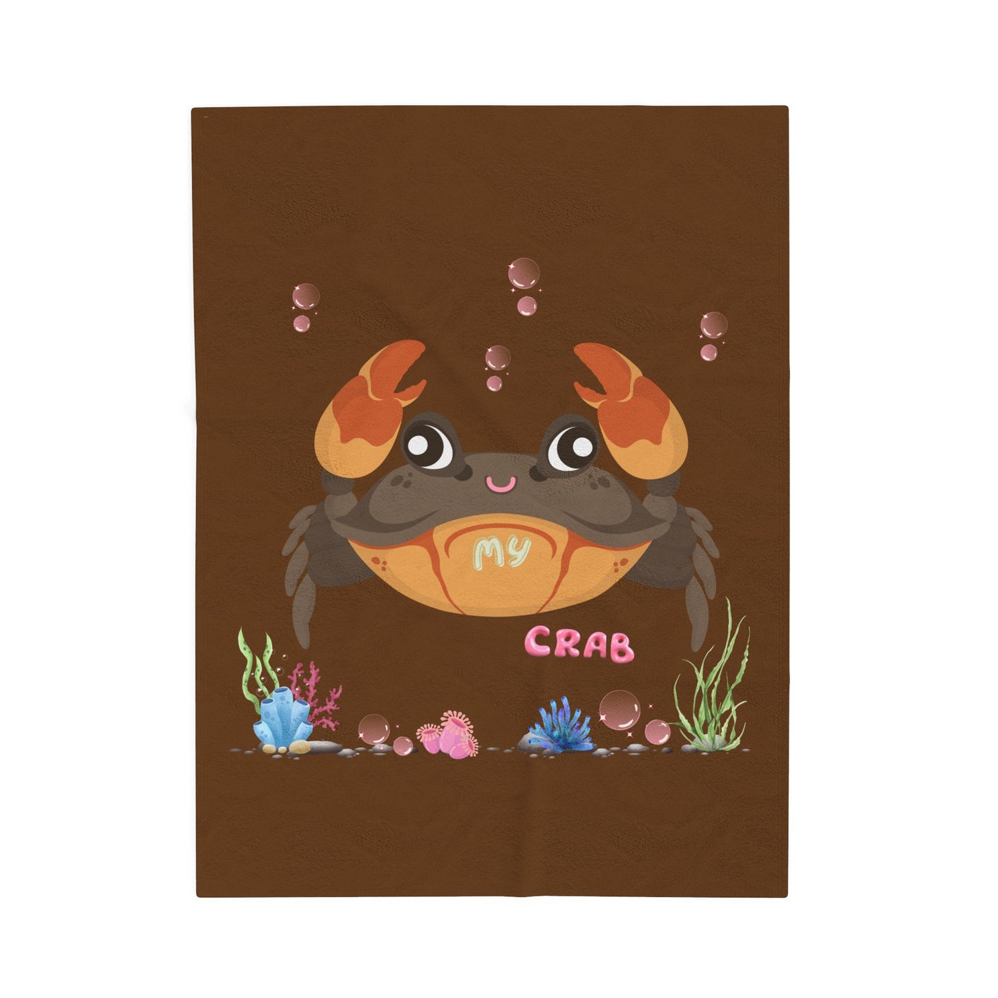 Crab with subtle bubbles and underwater flora Velveteen Plush Blanket