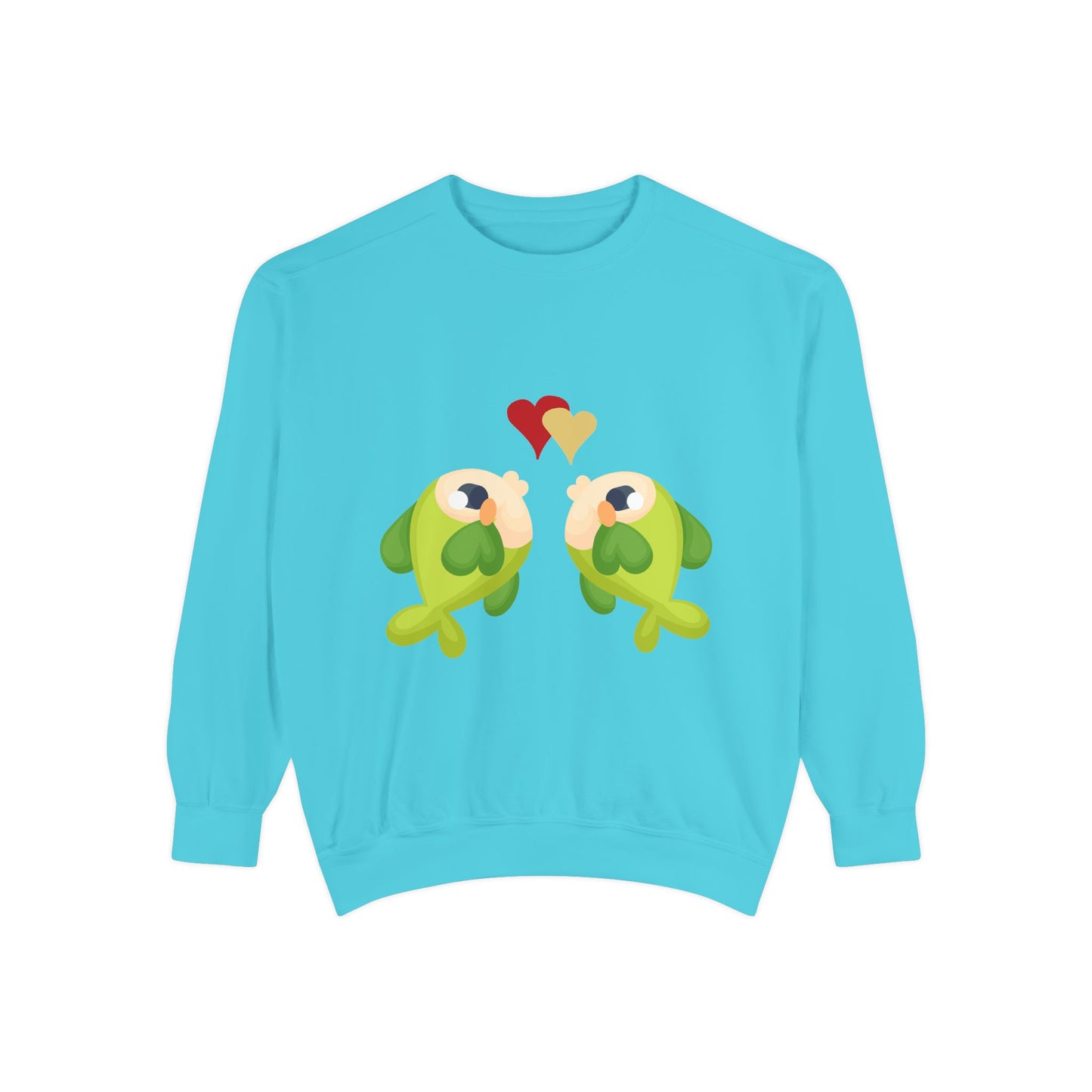 Two hearts float between the fish one red and one yellow Unisex Garment-Dyed Sweatshirt