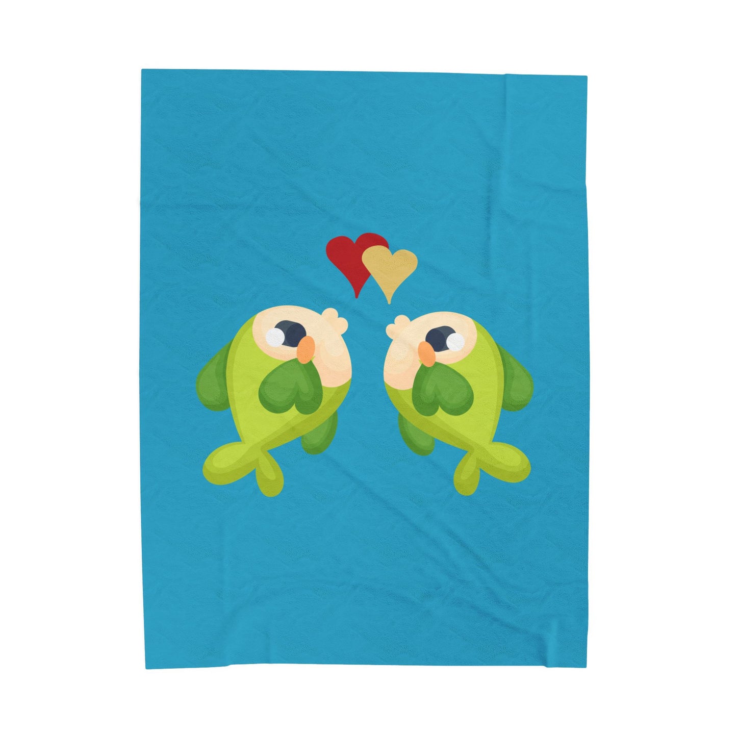 Two hearts float between the fish one red and one yellow Velveteen Plush Blanket