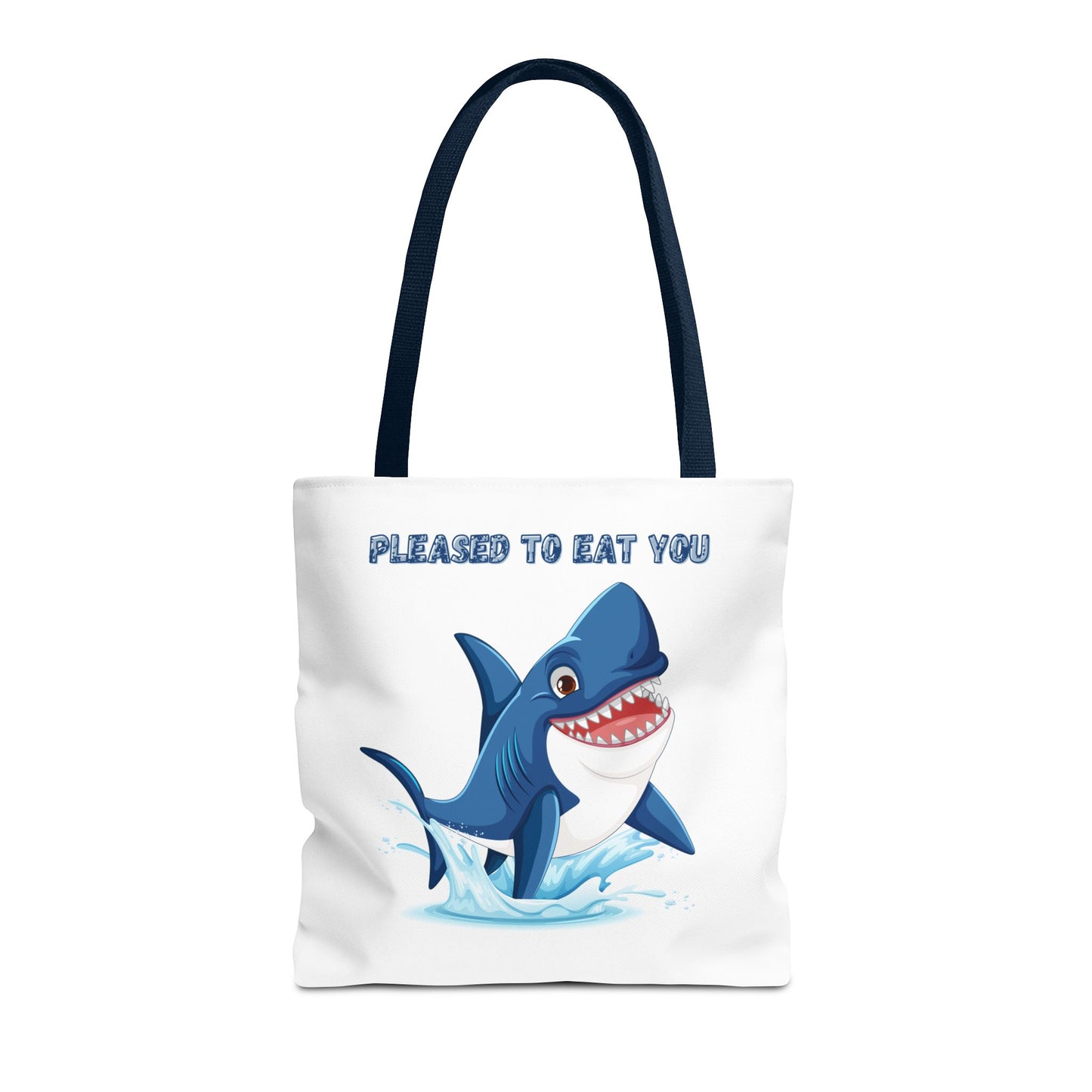 Humorous cartoon shark with threatening text Tote Bag