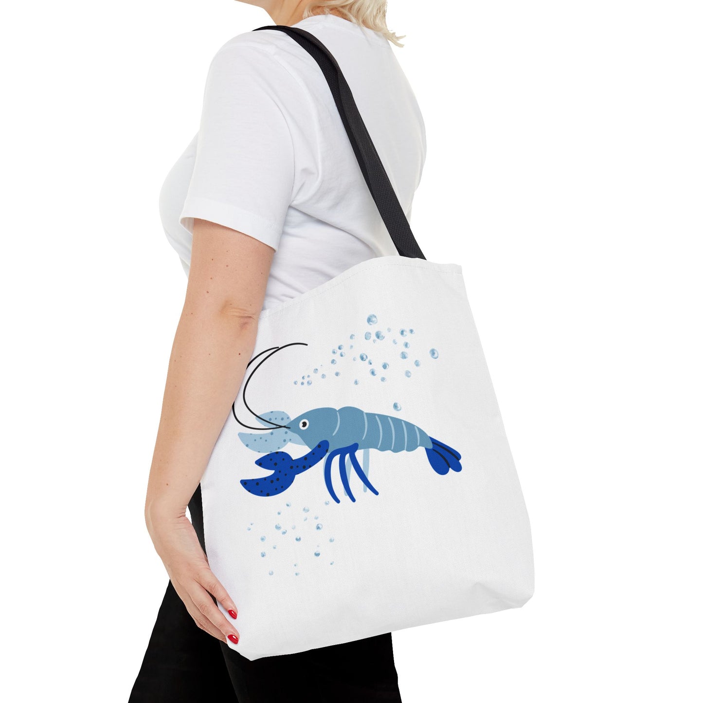 Blue shrimp with dark blue claws and bubbles Tote Bag