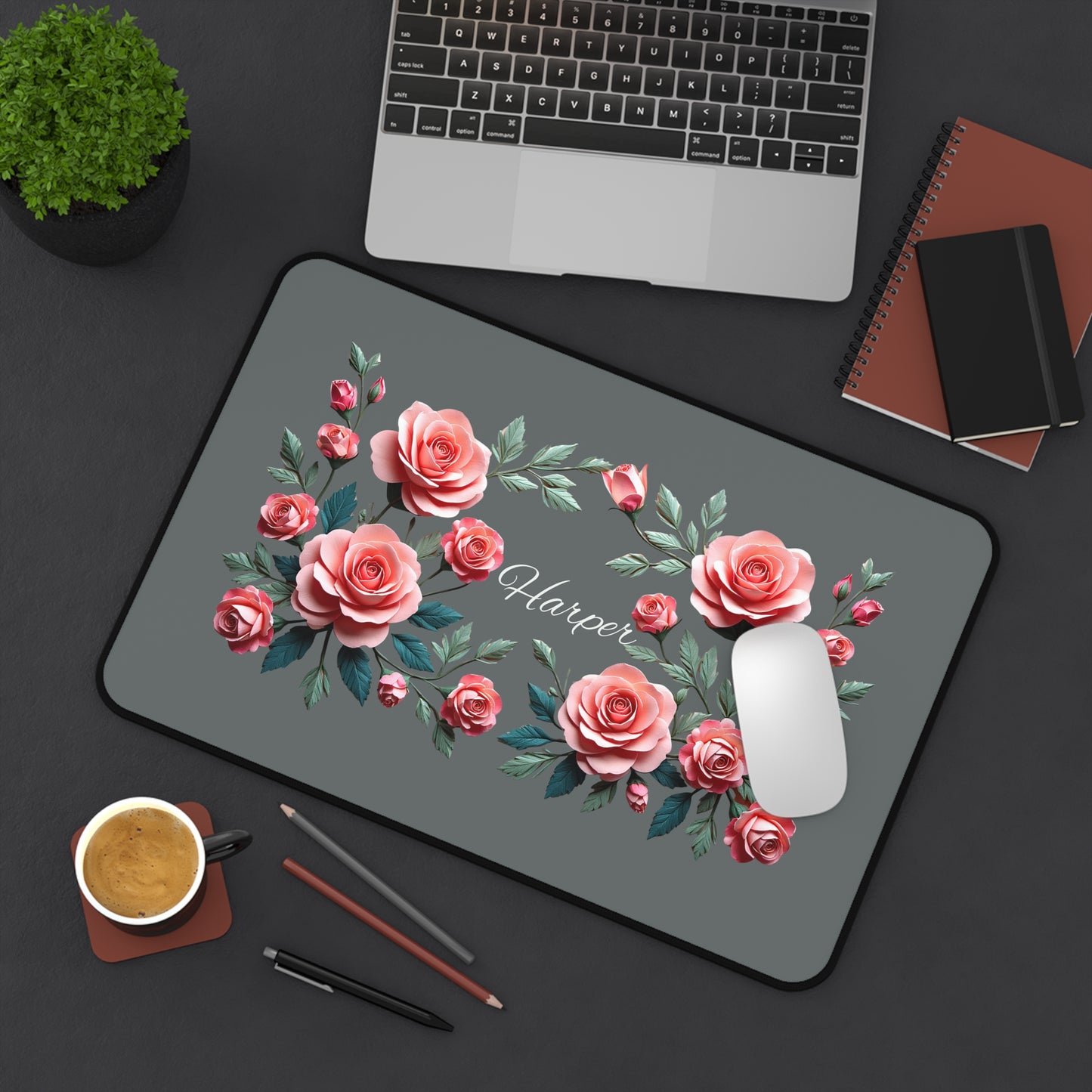 Personalized Floral Desk Mat | Elegant Workspace Decor, Custom Mouse Pad, Office Gift, Elegant Desk Accessory, Rose Design