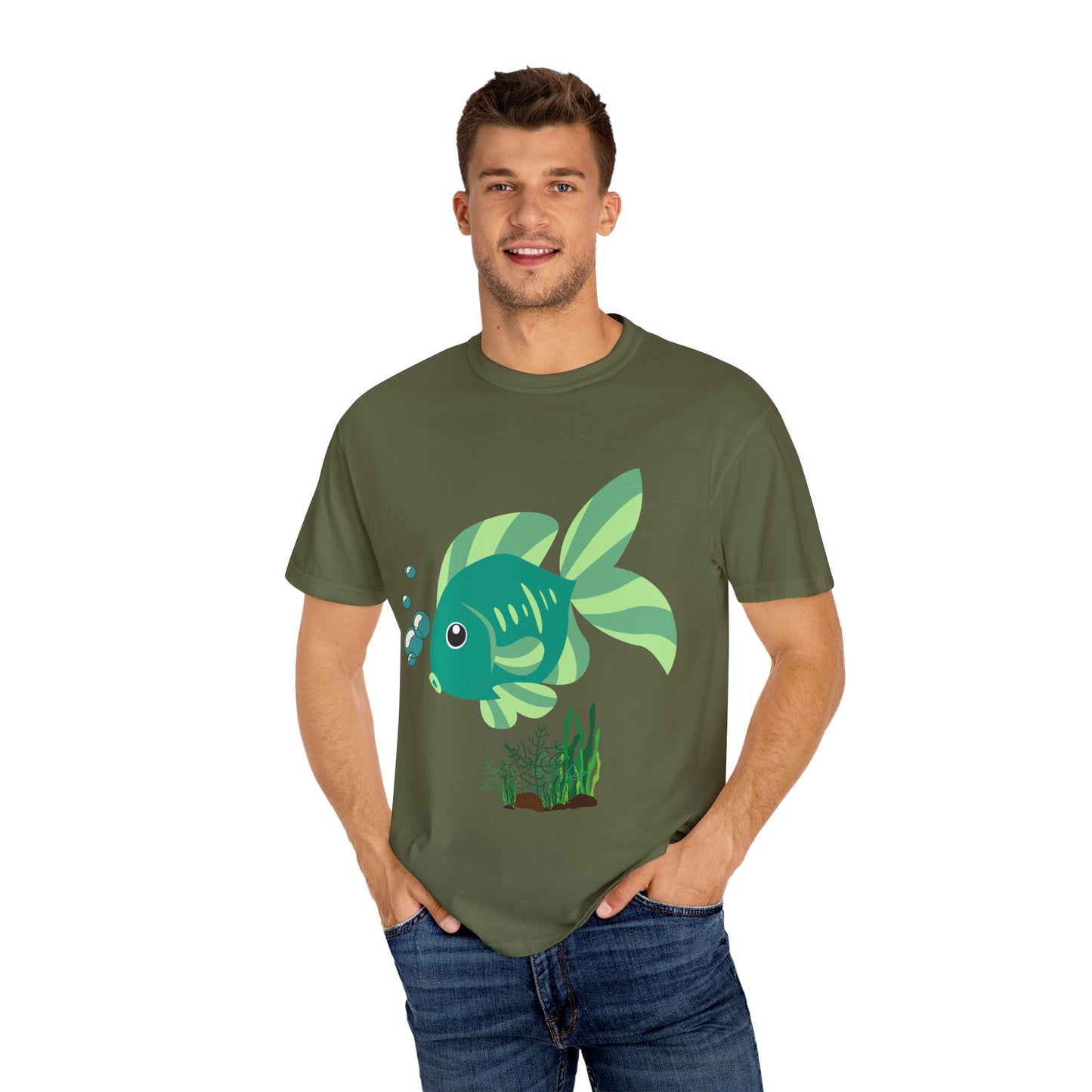 Green fish with bubbles and aquatic plants Unisex Garment-Dyed T-shirt