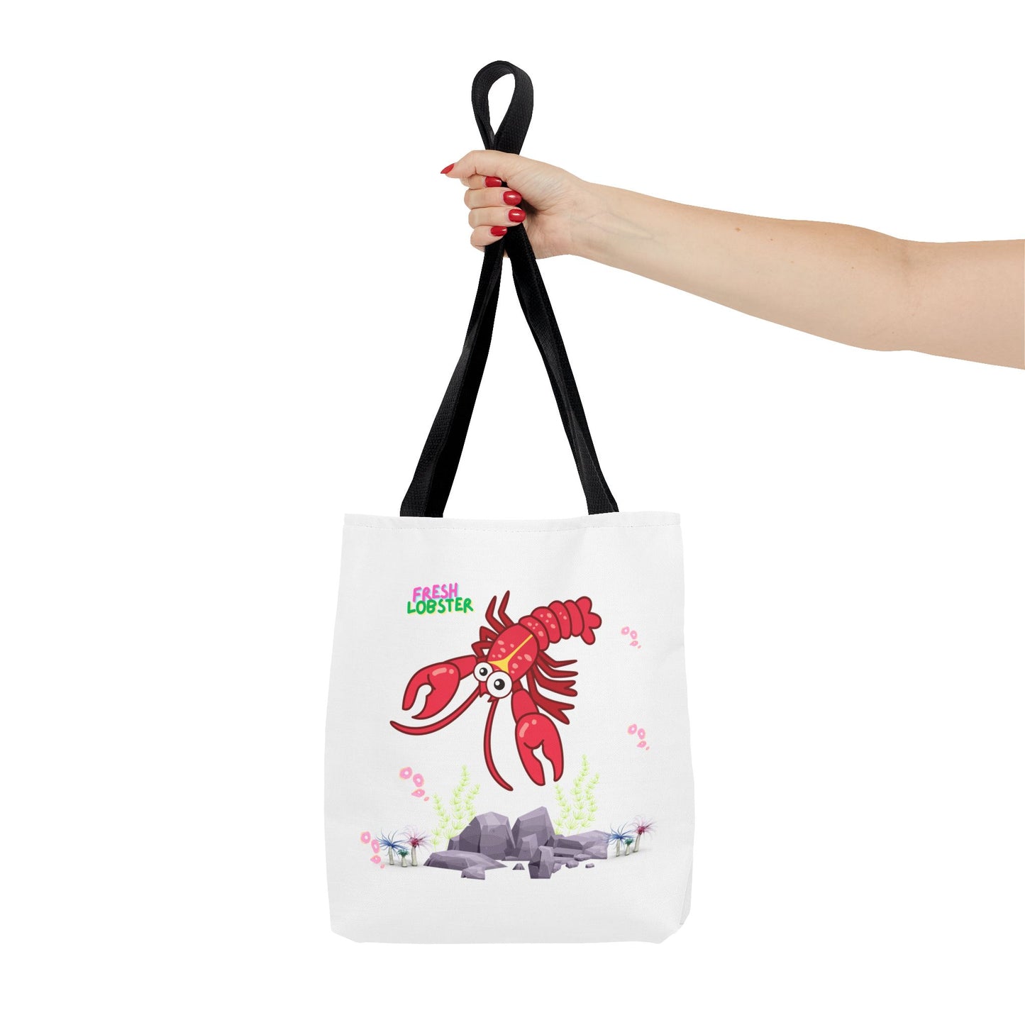 Friendly red lobster big eyes and yellow strip Tote Bag