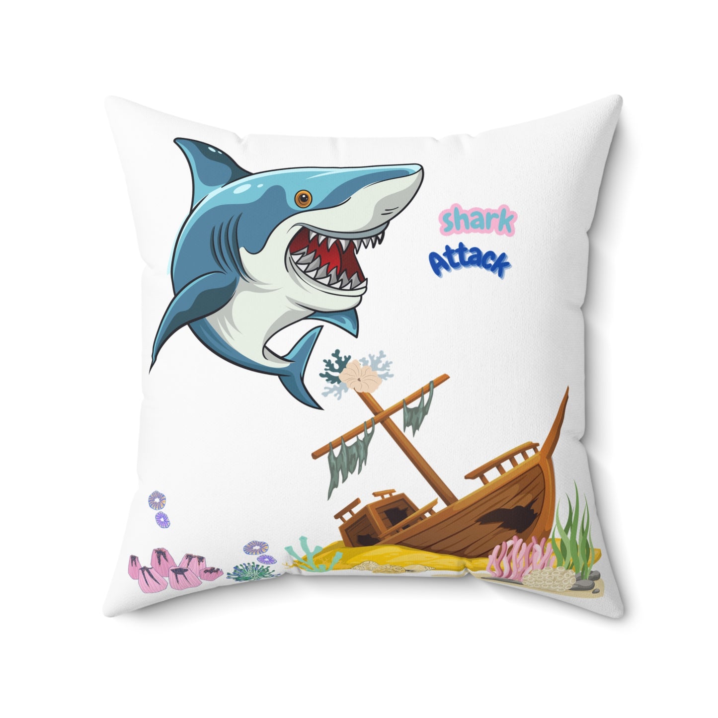 Shark ship colorful coral reef Spun Polyester Square Pillow