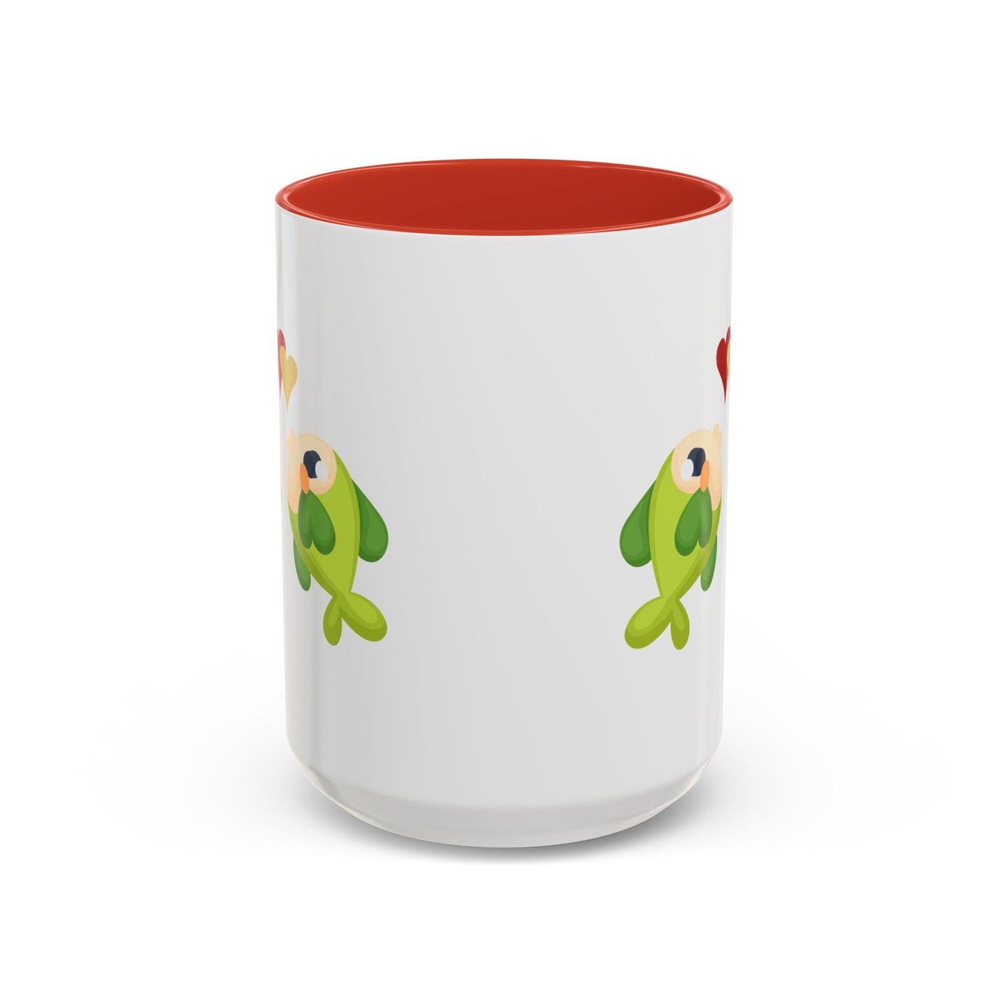 Two hearts float between the fish one red and one yellow. Coffee Mug