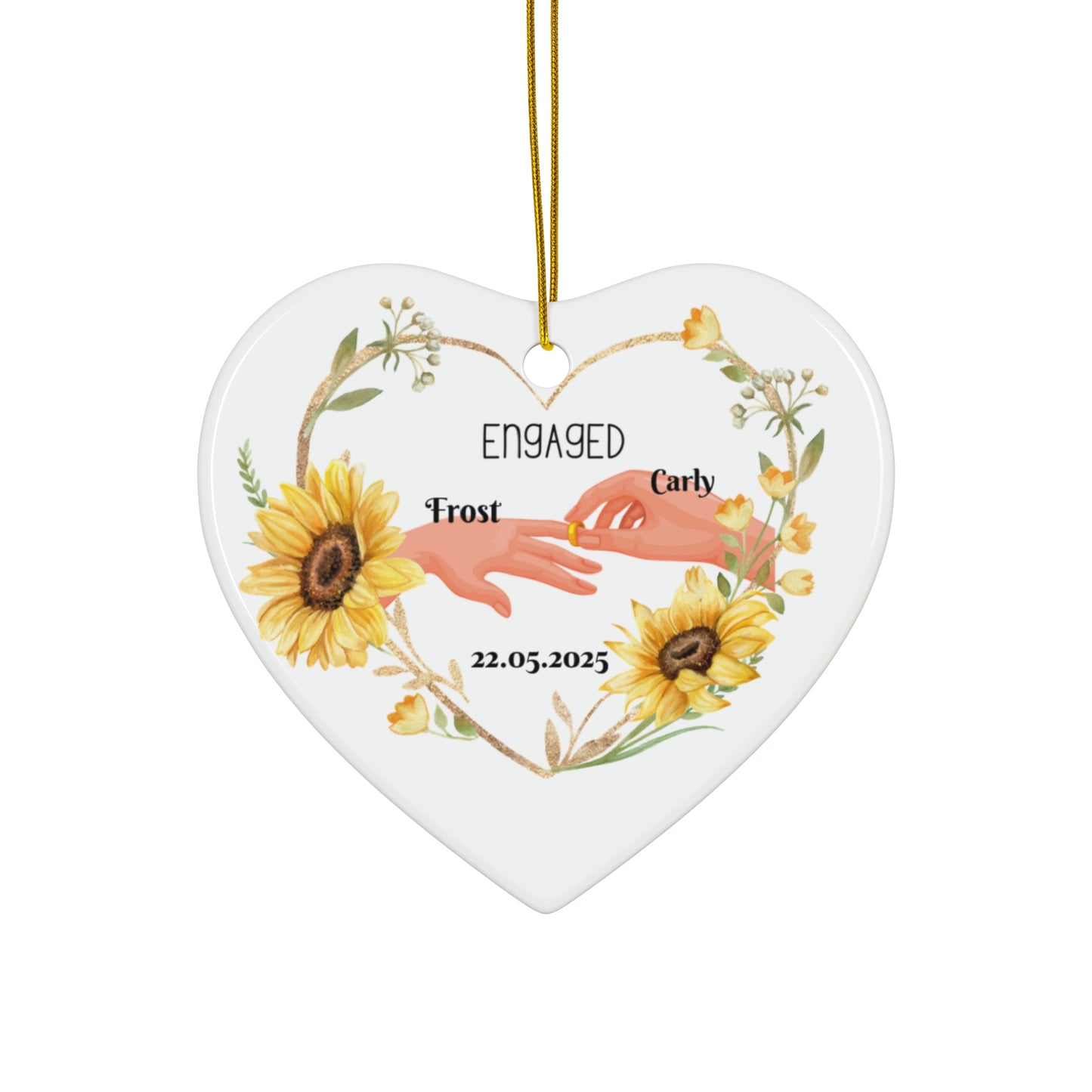 Engaged Couple Ceramic Ornament, Heart-Shaped Decor, Custom Wedding Keepsake, Floral Engagement Gift, Personalized Holiday Decoration