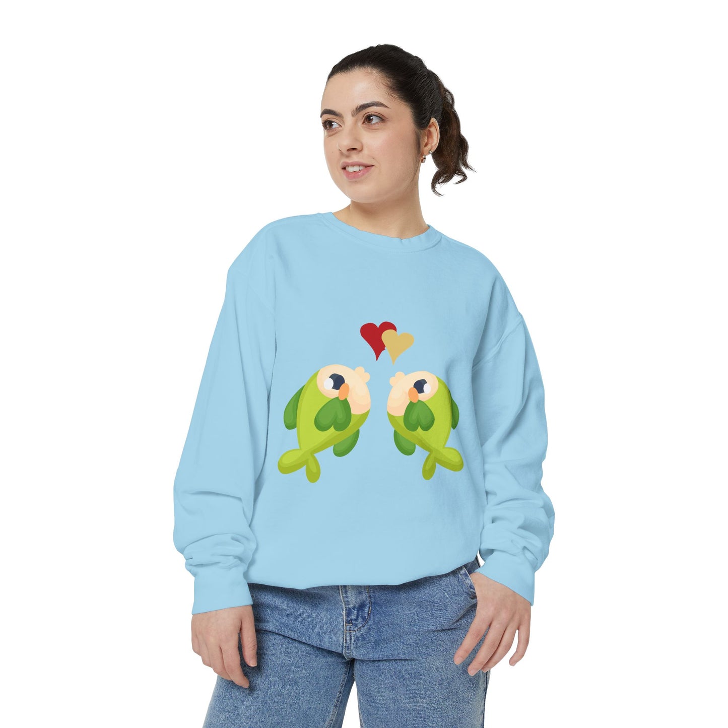 Two hearts float between the fish one red and one yellow Unisex Garment-Dyed Sweatshirt