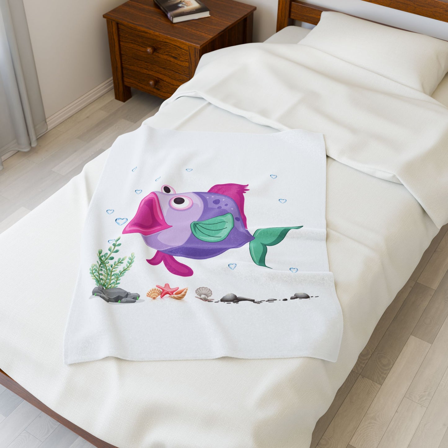 Fish with open mouth bubbles and underwater flora Velveteen Plush Blanket