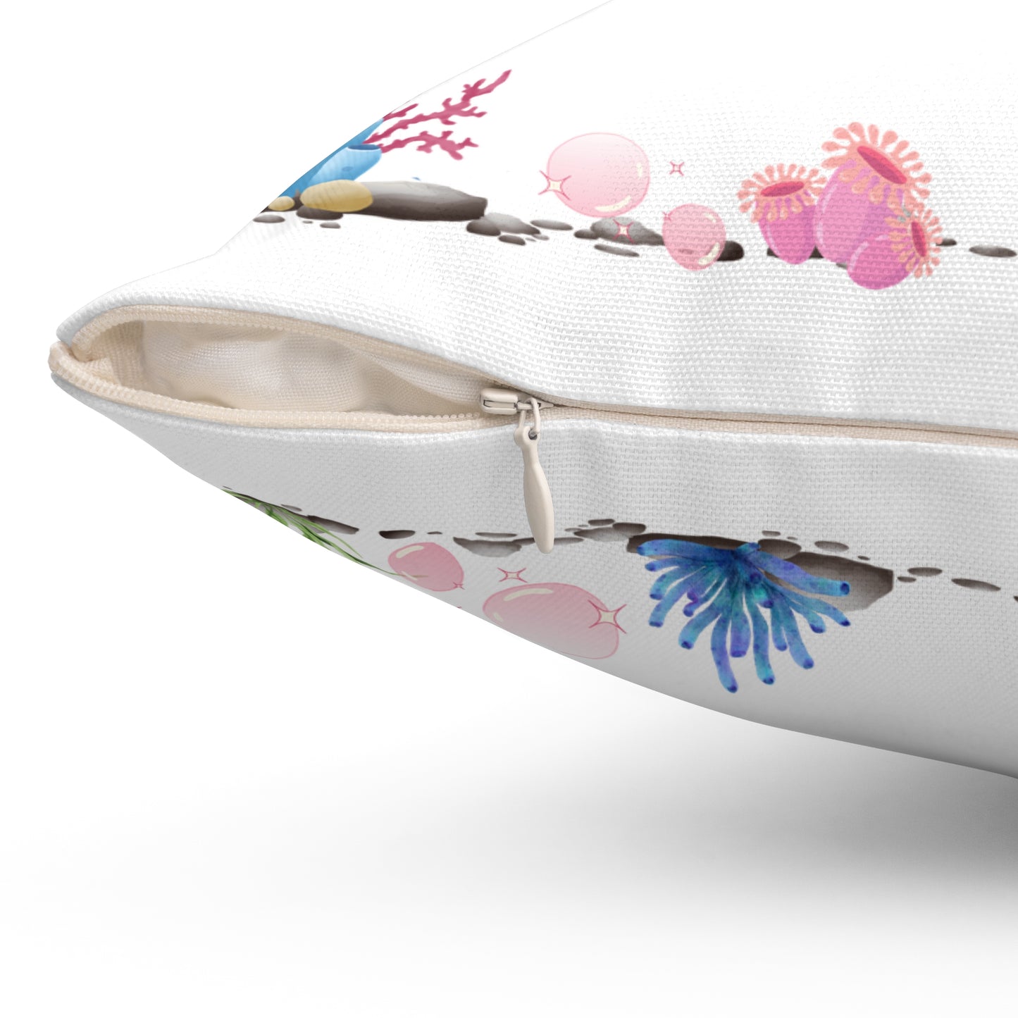 Crab with subtle bubbles and underwater flora Spun Polyester Square Pillow