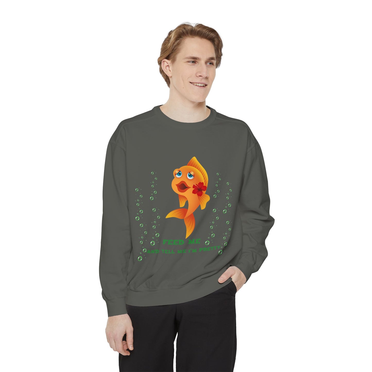 Cartoon goldfish with red lips and flower Unisex Garment-Dyed Sweatshirt