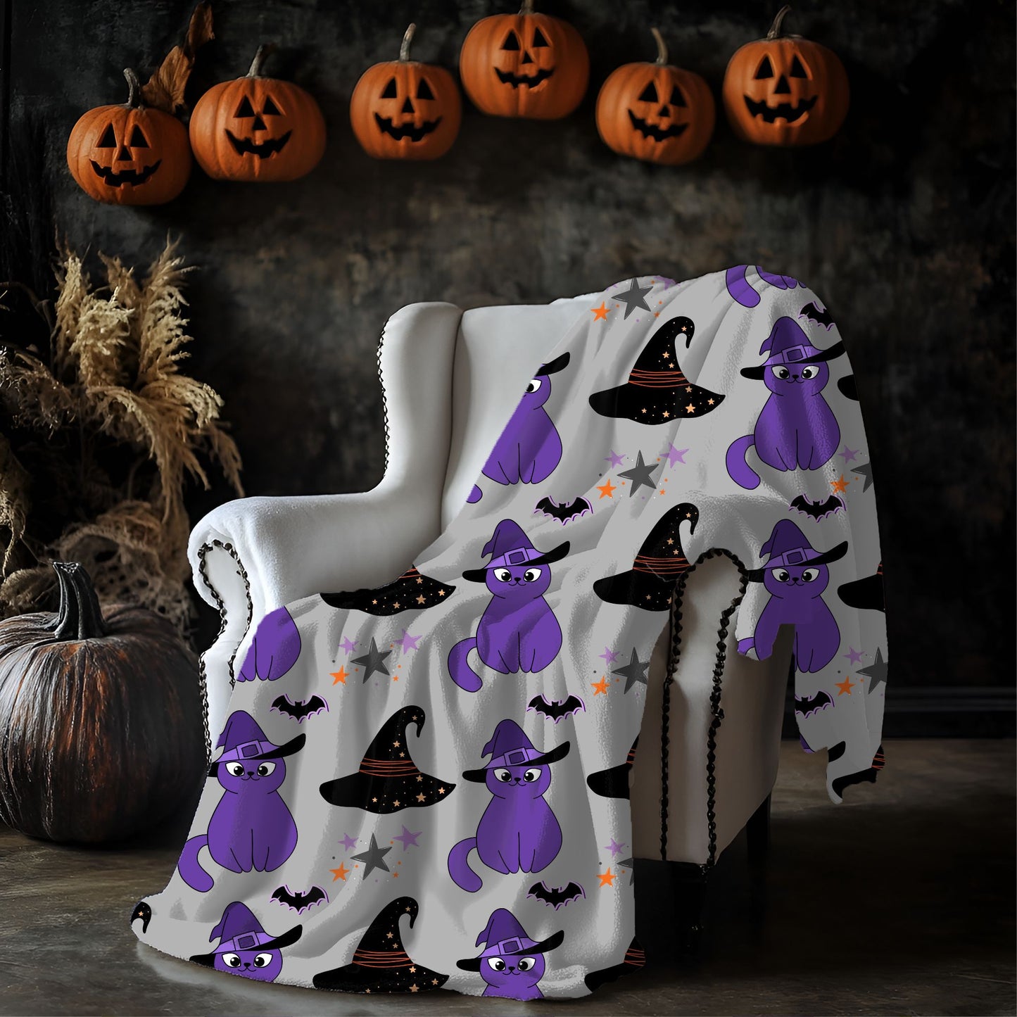 Cozy Halloween Velveteen Plush Blanket - Purple Cat Design, Soft Throw, Fall Decor, Gift for Cat Lovers, Spooky Season