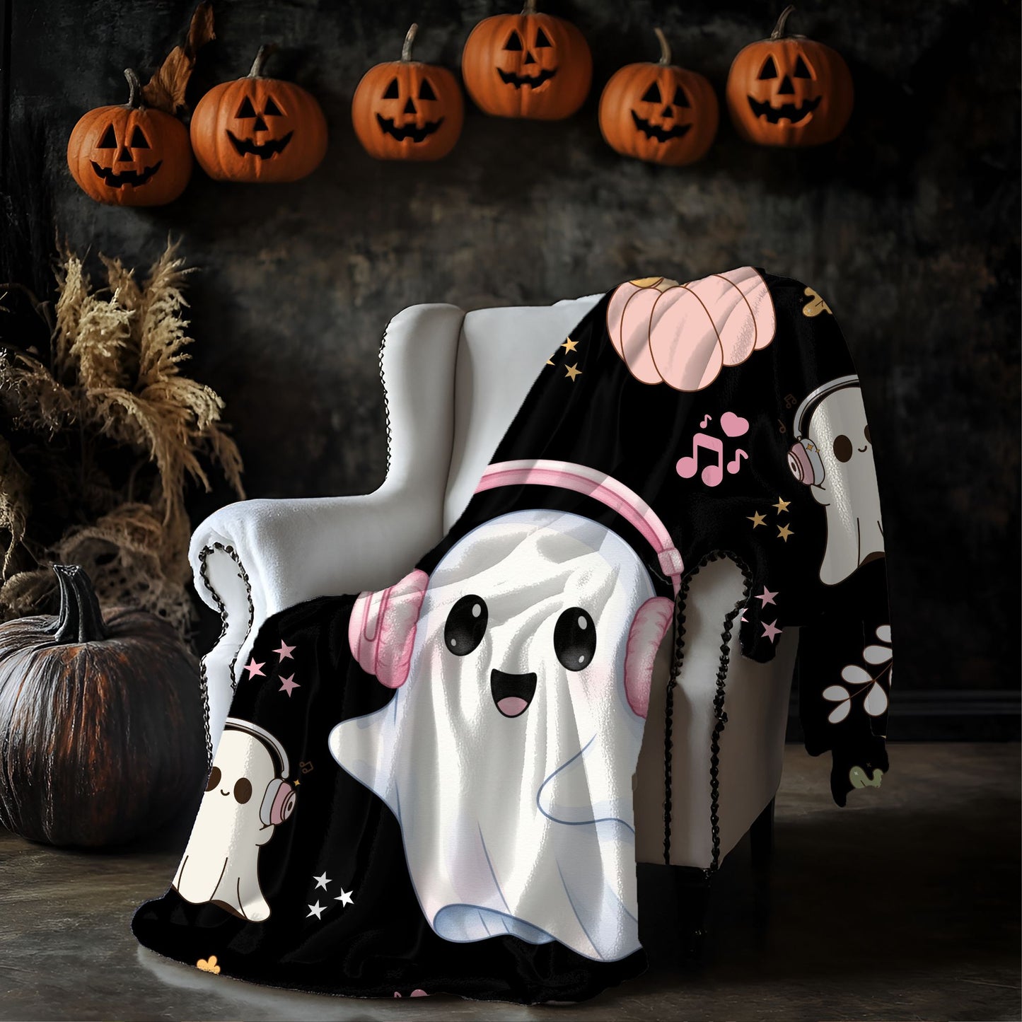 Cozy Halloween Ghost Blanket, Velveteen Plush Throw, Cute Fall Decor, Snuggle Blanket for Kids and Adults, Spooky Season Gift