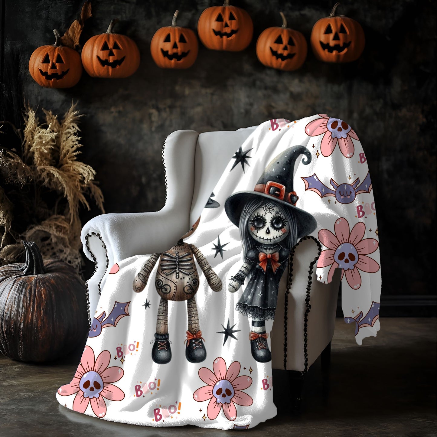 Spooky Floral Velveteen Blanket, Halloween Décor, Cozy Throw, Kids Room Blanket, Soft Throw Blanket, Perfect for Fall