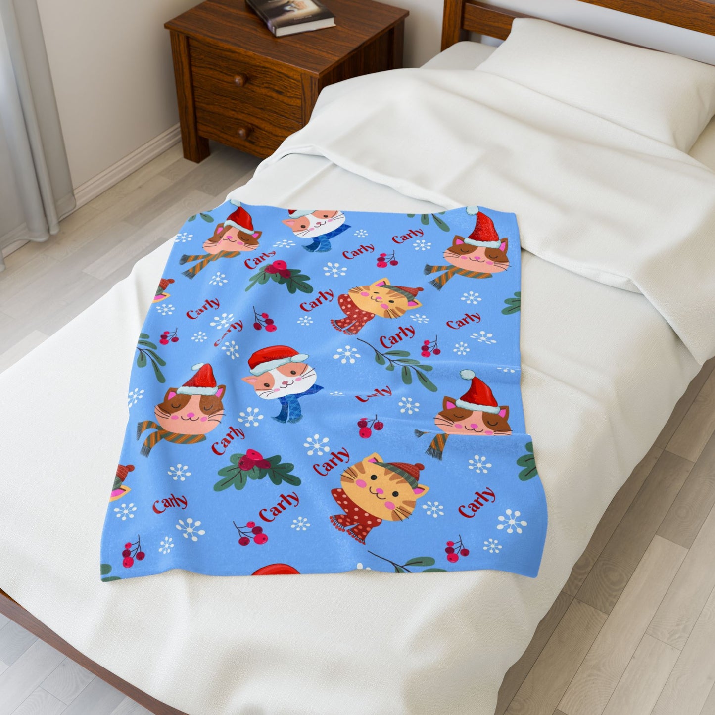 Festive Cat Plush Blanket - Cozy Holiday Throws, Winter Decor, Personalized Gift, Kids Bedding, Cat Lover Gift