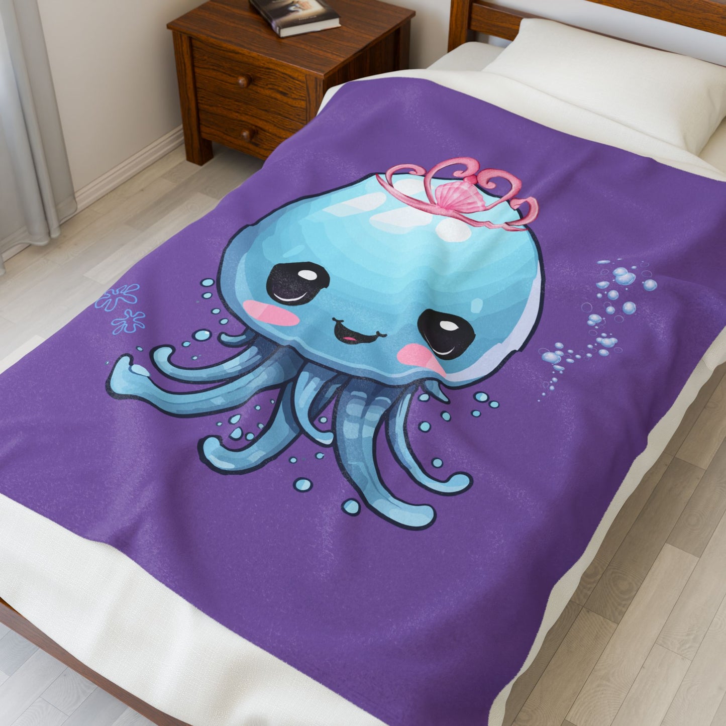 Blue jellyfish with a pink tiara Velveteen Plush Blanket