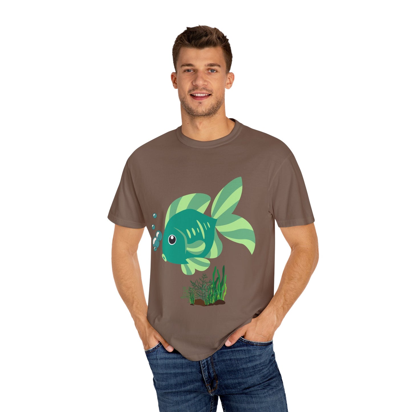 Green fish with bubbles and aquatic plants Unisex Garment-Dyed T-shirt