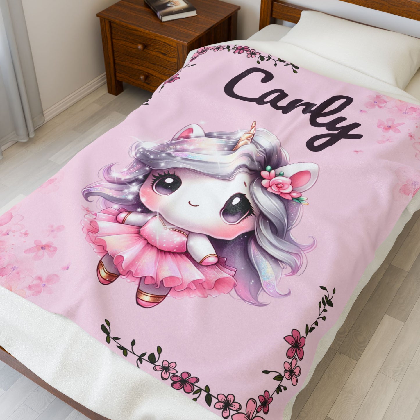 Customized Unicorn Velveteen Plush Blanket, Kid's Gift, Nursery Decor, Cozy Throw, Personalized Blanket, Birthday Present