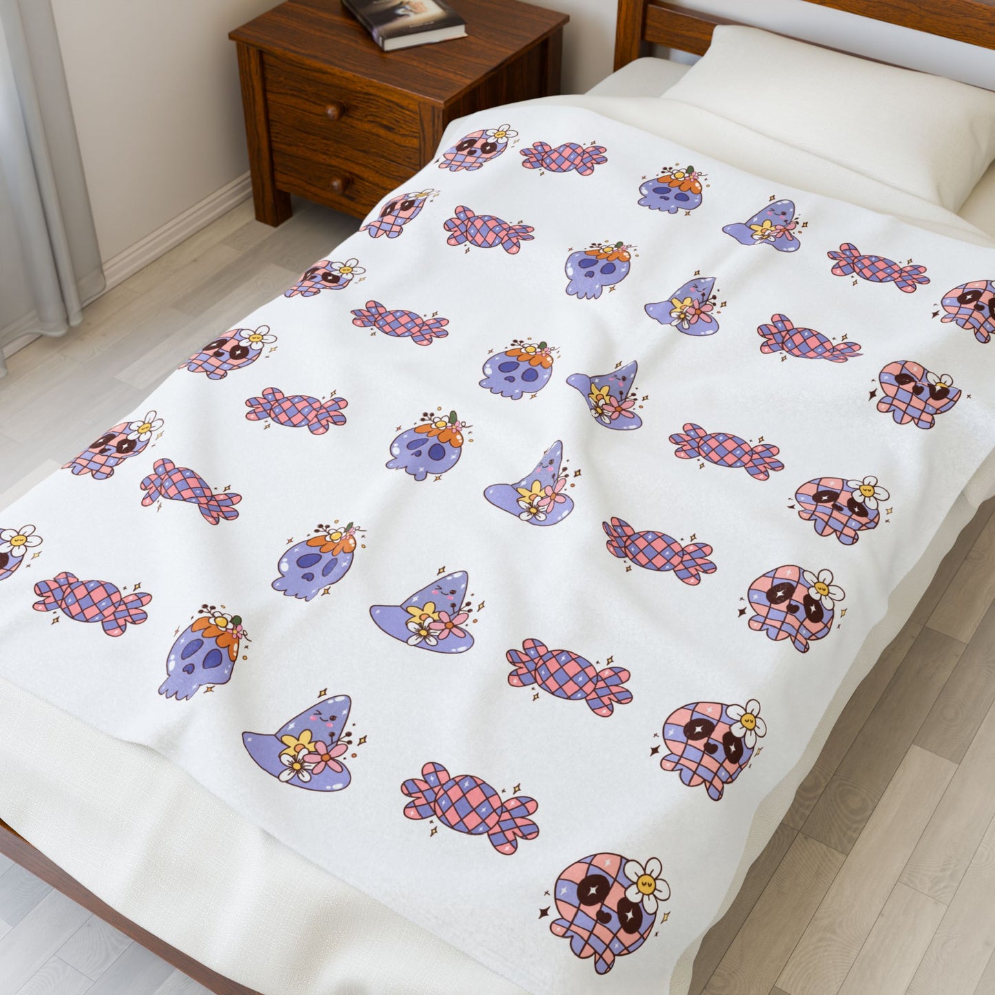 Cozy Velveteen Plush Blanket - Fun Skull & Floral Pattern, Unique Home Decor, Great Gift for Halloween, Birthdays, or Cozy Nights