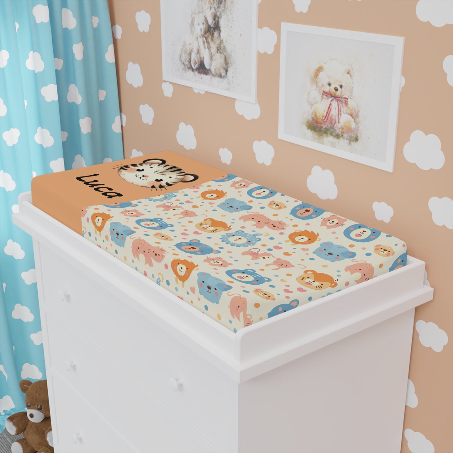 Personalized Baby Changing Pad Cover – Cute Pastel Safari Animal Design (Custom Name)