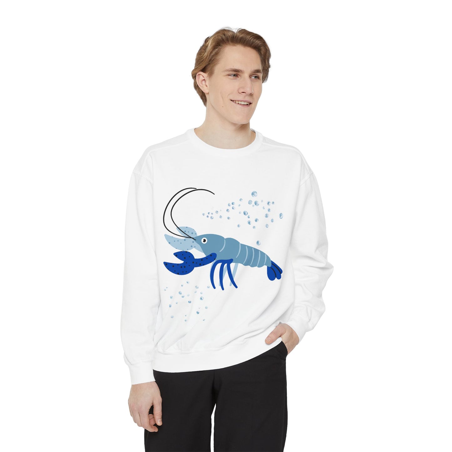 Blue shrimp with dark blue claws and bubbles Unisex Garment-Dyed Sweatshirt