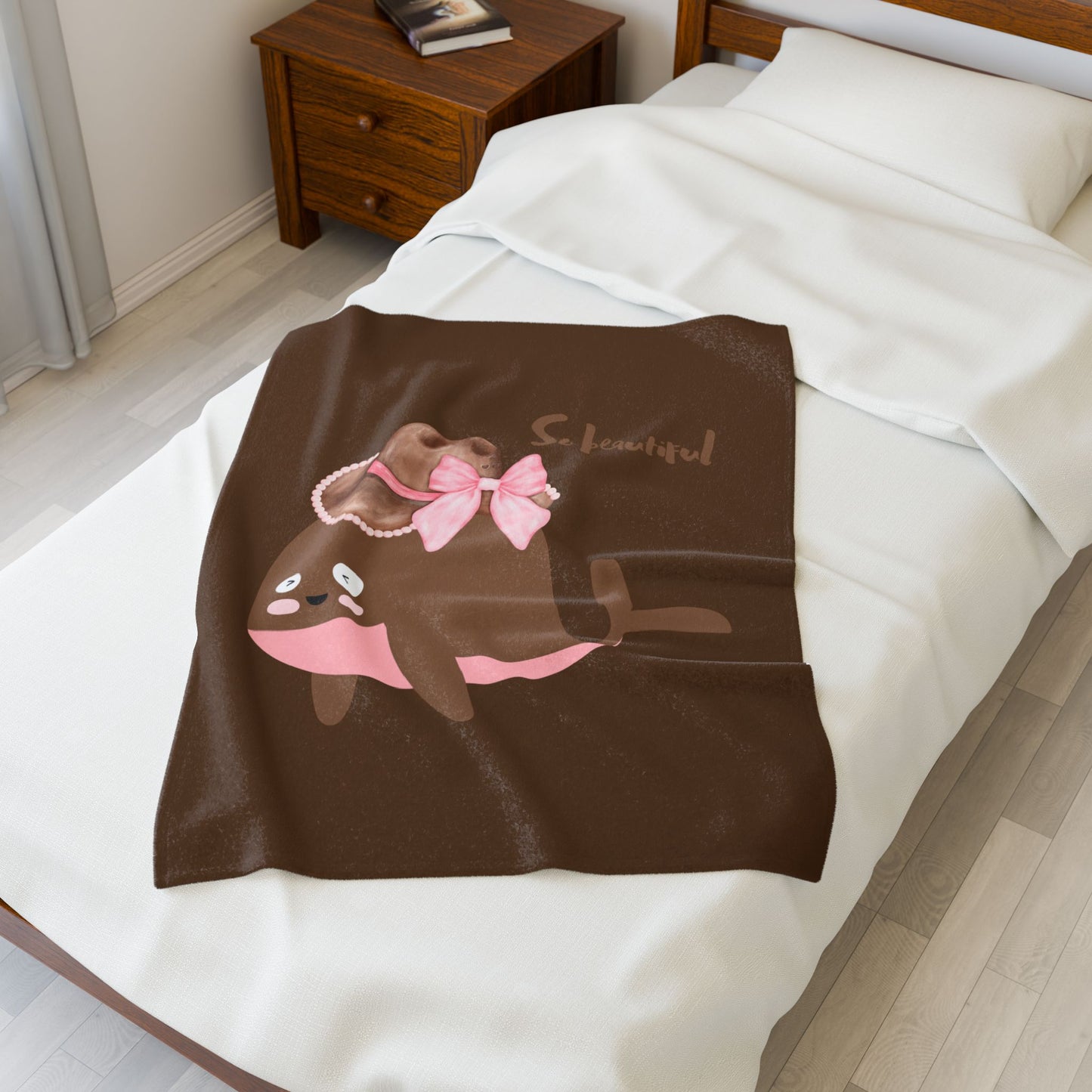 Whale wearing a cowboy hat with a pink bow Velveteen Plush Blanket