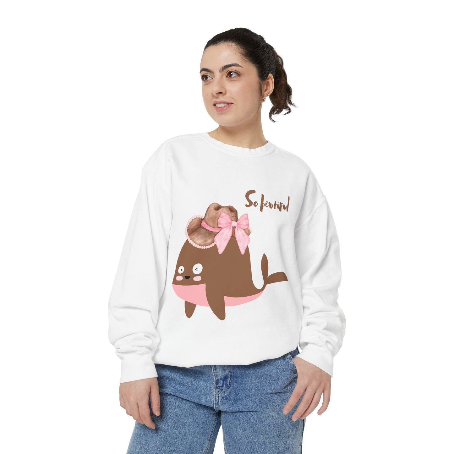 Whale wearing a cowboy hat with a pink bow Unisex Garment-Dyed Sweatshirt