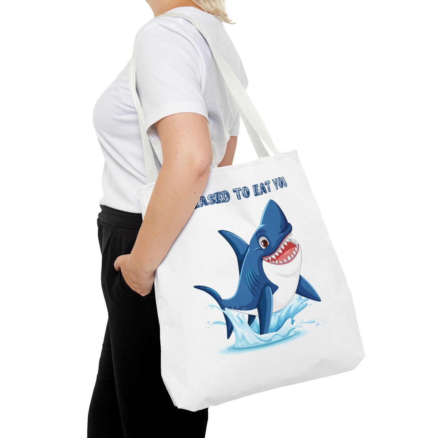 Humorous cartoon shark with threatening text Tote Bag