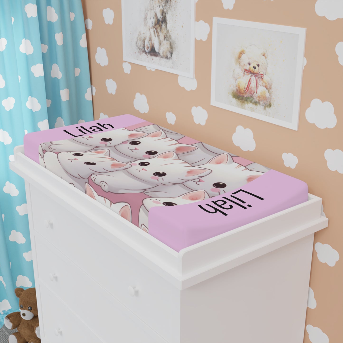 Personalized Pink Kitty Baby Changing Pad Cover — Cute Cat Nursery Decor