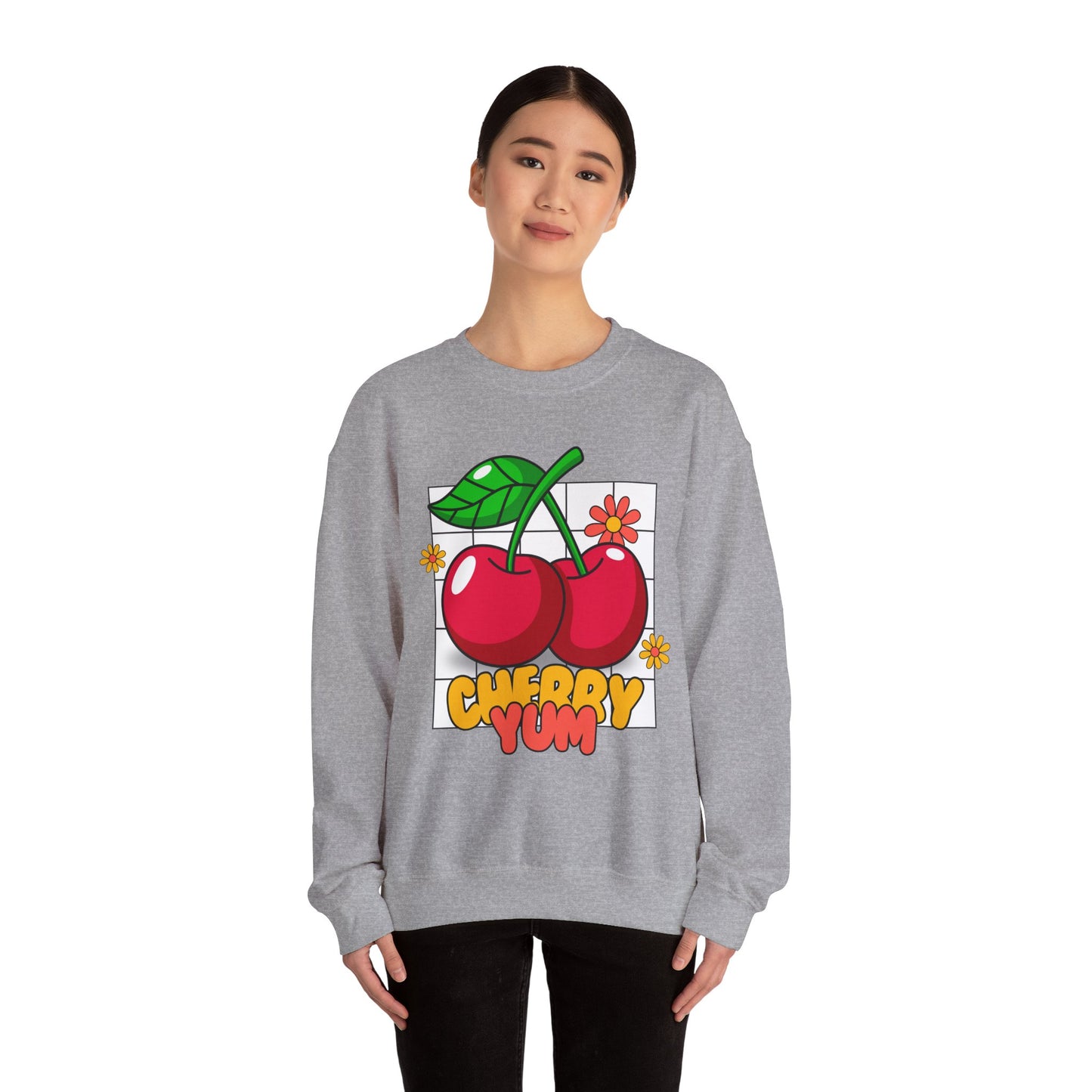 Cherry Yum Graphic Crewneck Sweatshirt | Cozy Unisex Sweater for Casual Wear, Gifts, Summer Vibes, Trendy Fashion, Foodie Apparel