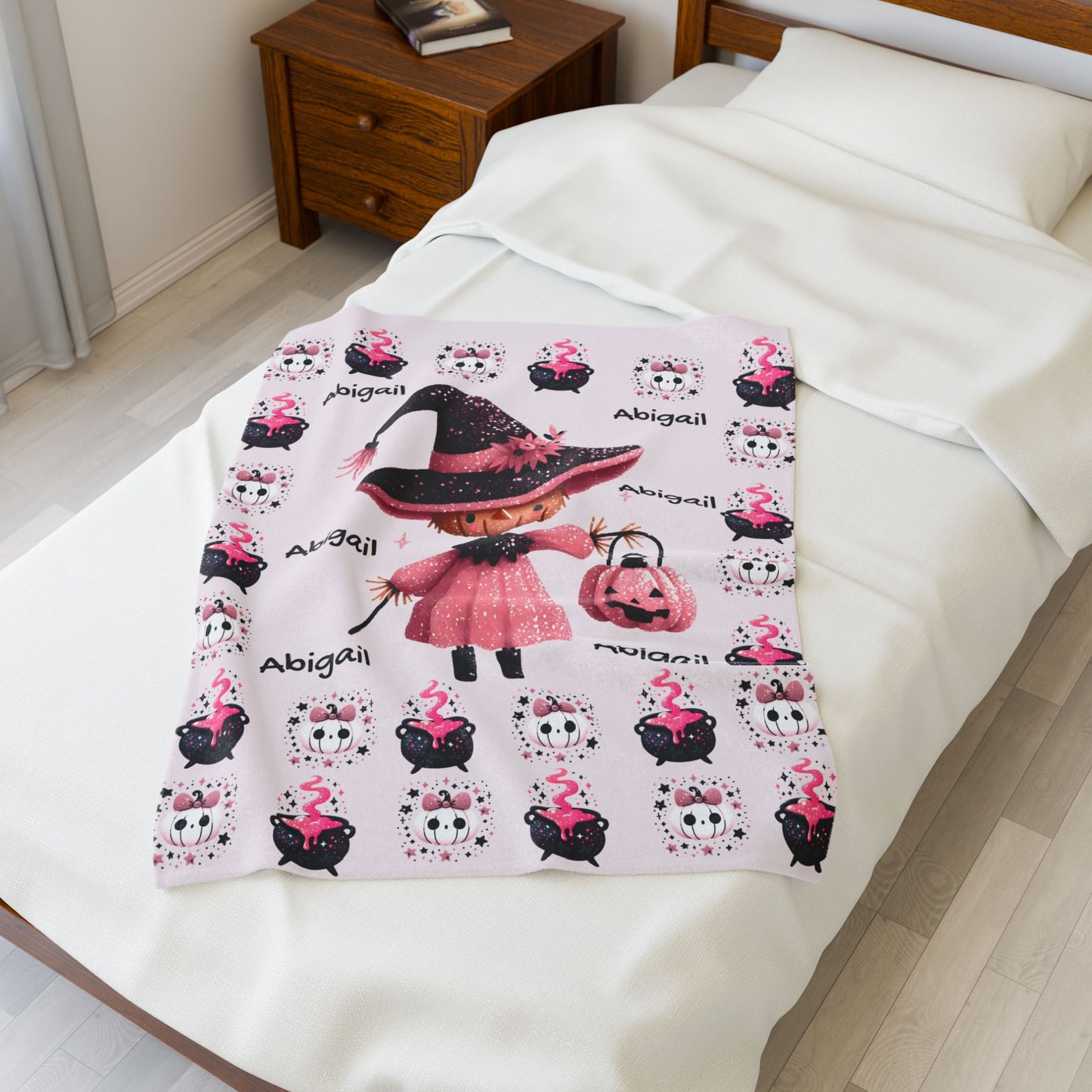 Personalized Halloween Velveteen Plush Blanket, Soft Cozy Throw, Perfect for Kids, Witch Design, Fall Decor, Gift Idea