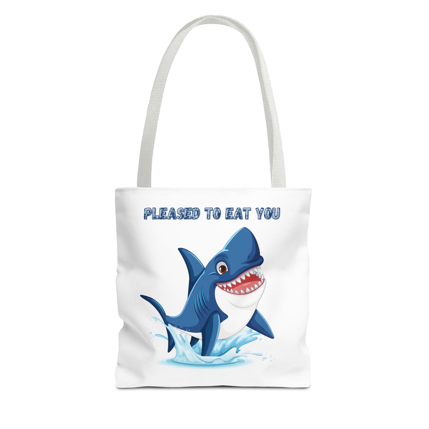 Humorous cartoon shark with threatening text Tote Bag
