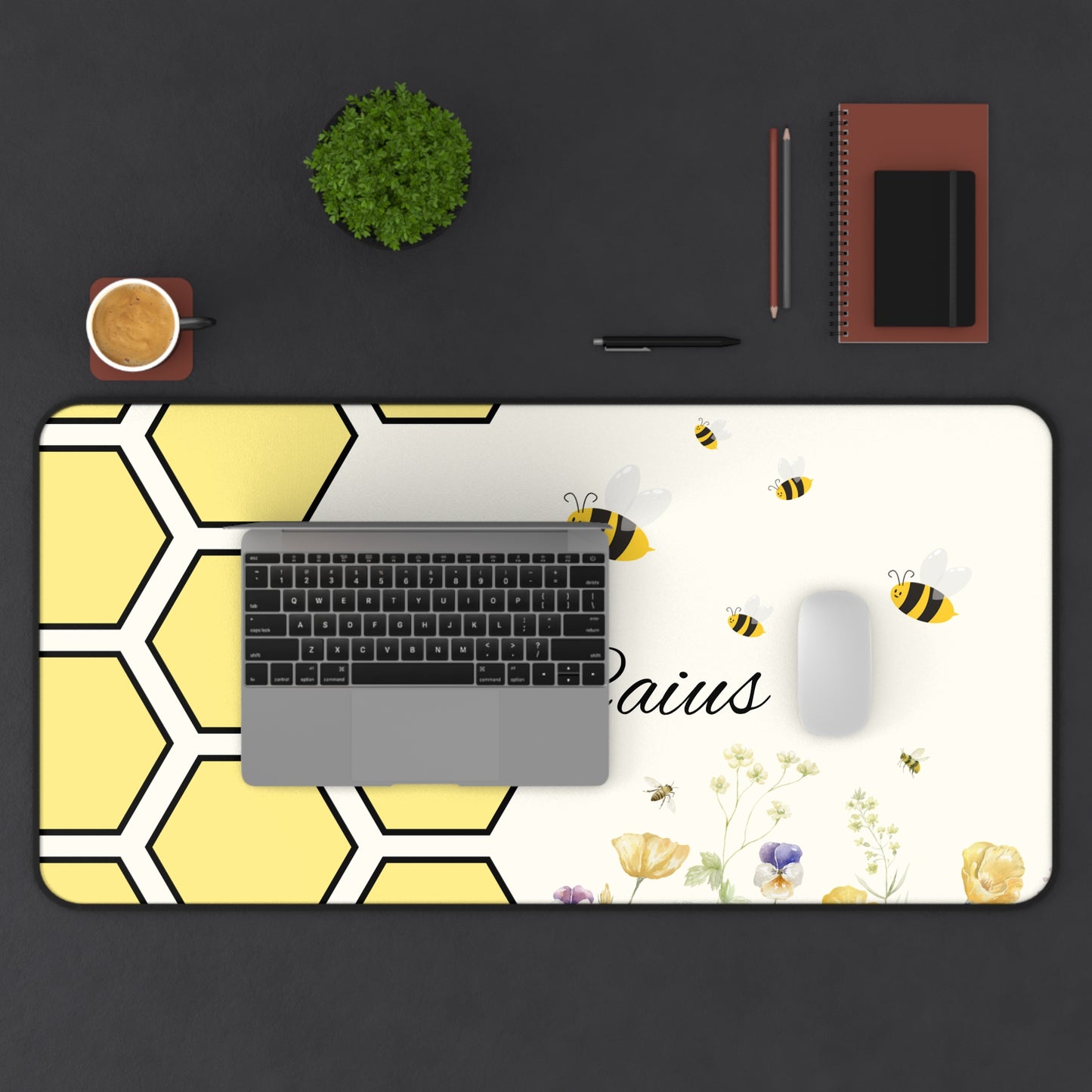 Personalized Honeycomb Desk Mat, Custom Office Decor, Bee Themed Mouse Pad, Cute Gift for Bee Lovers, Yellow Floral Desk Accessory