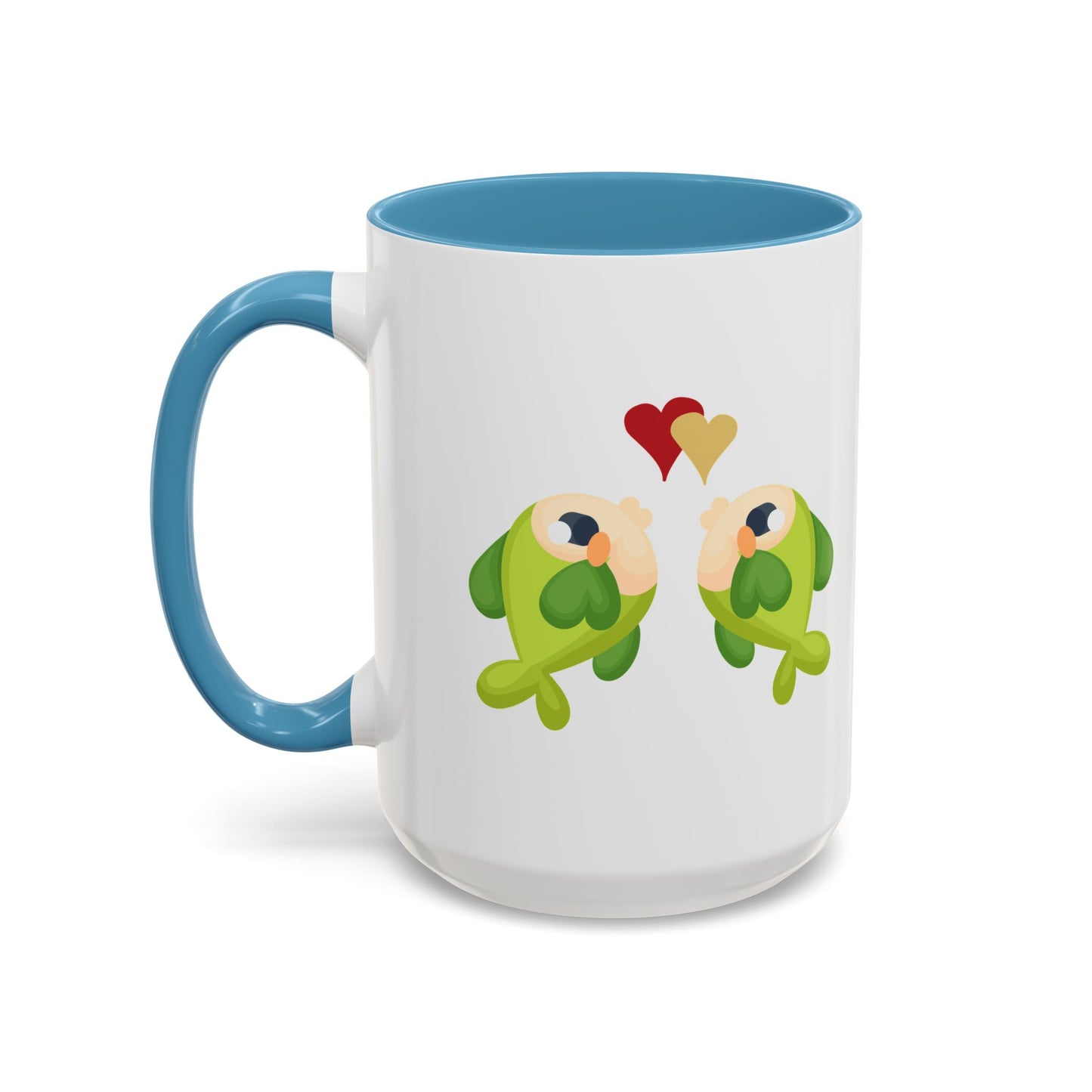 Two hearts float between the fish one red and one yellow. Coffee Mug