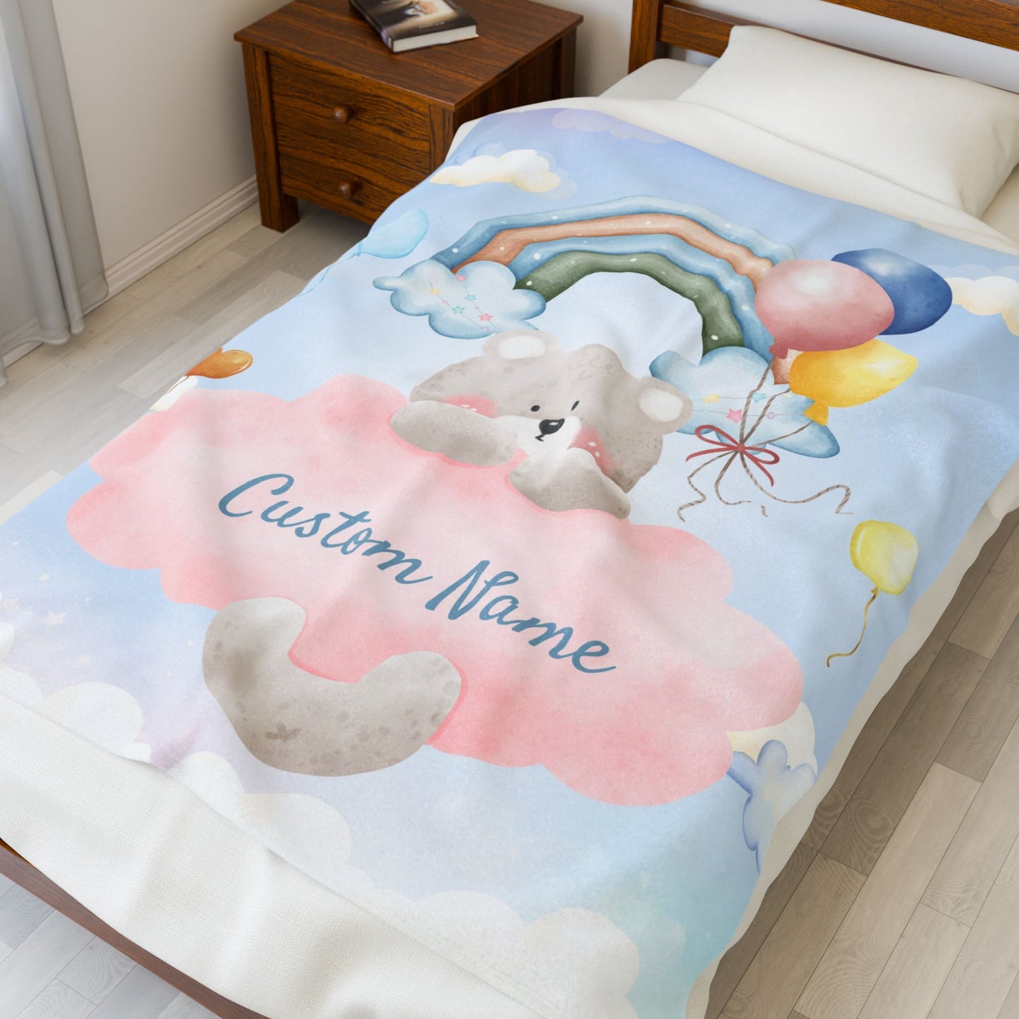 Custom Plush Blanket with Rainbow Bear Design, Soft Throw Blanket, Cozy Baby Blanket, Personalized Gift, Cute Nursery Decor