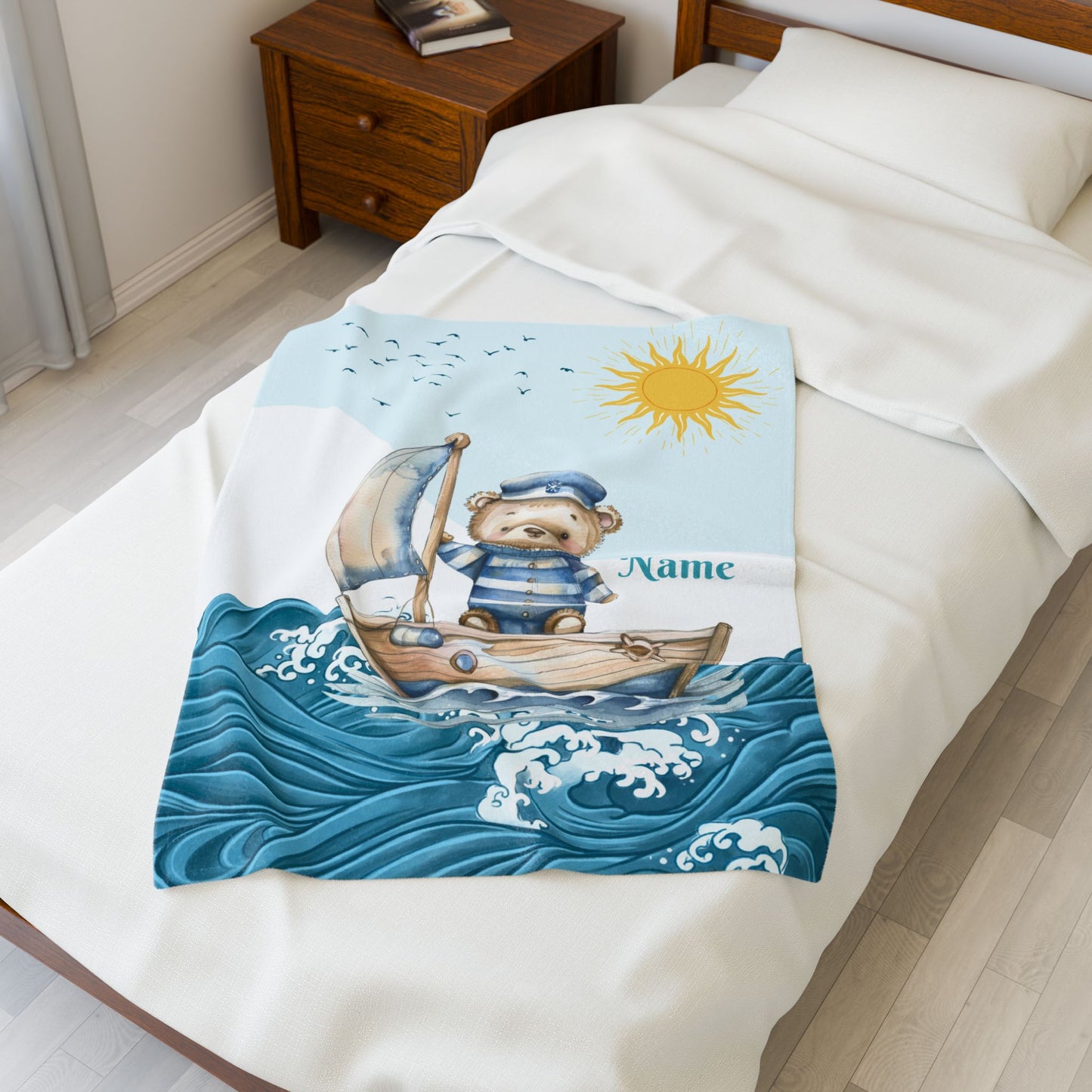 Nautical Bear Plush Blanket, Personalized Baby Blanket, Nursery Decor, Gift for New Parents, Cozy Blanket for Kids