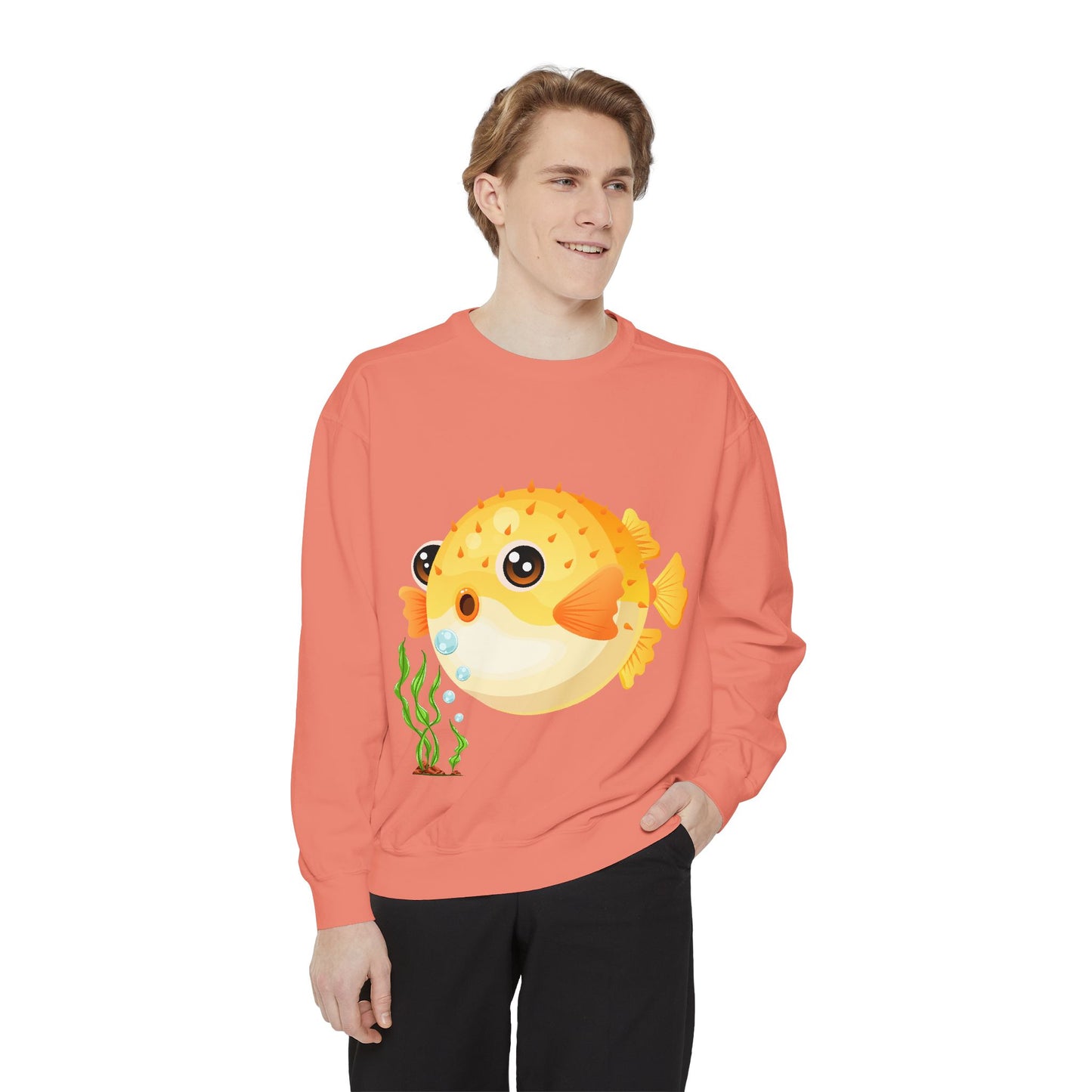 Cartoon Pufferfish with seaweed Unisex Garment-Dyed Sweatshirt