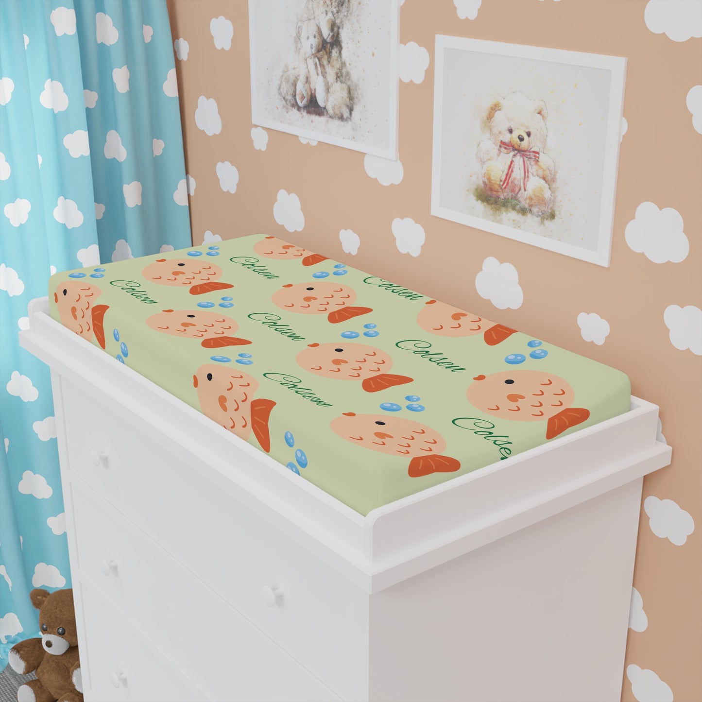 Fish Pattern Baby Changing Pad Cover — Personalized Name Option
