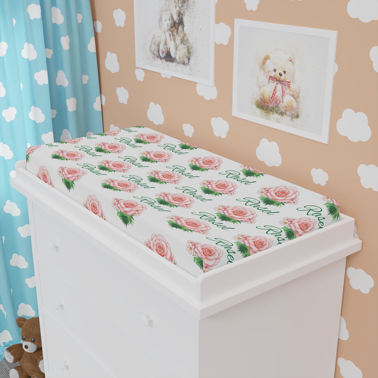 Changing Pad Cover — Blush Rose Floral with "Blessed" Script
