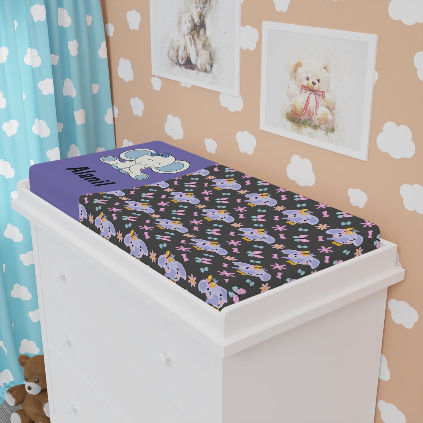 Personalized Baby Changing Pad Cover — Cute Purple Elephant Pattern (Custom Name)